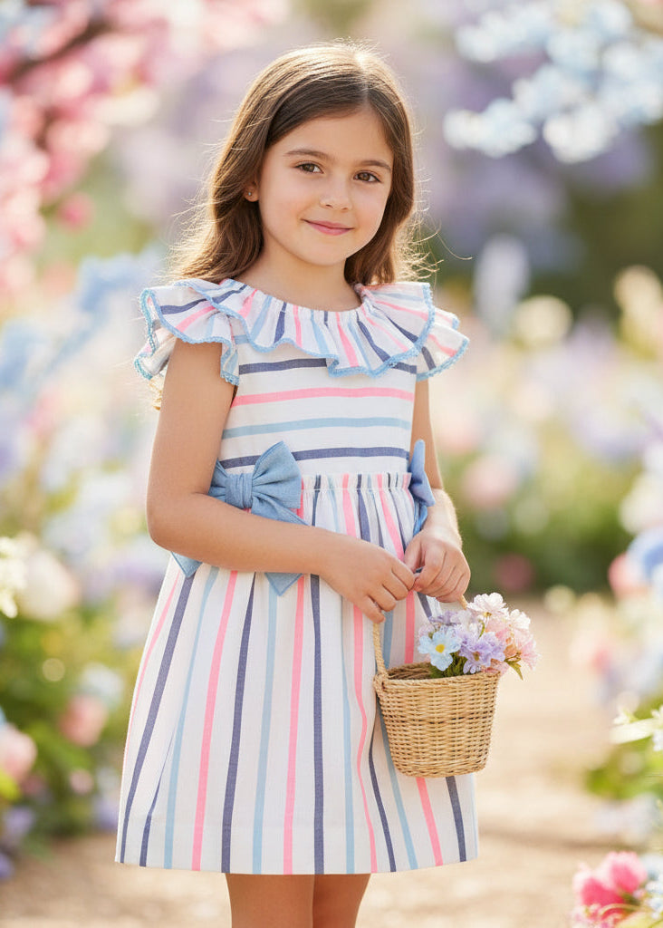 Vestido de ceremonia para niña con rayas multicolor y volantes, marca Miranda