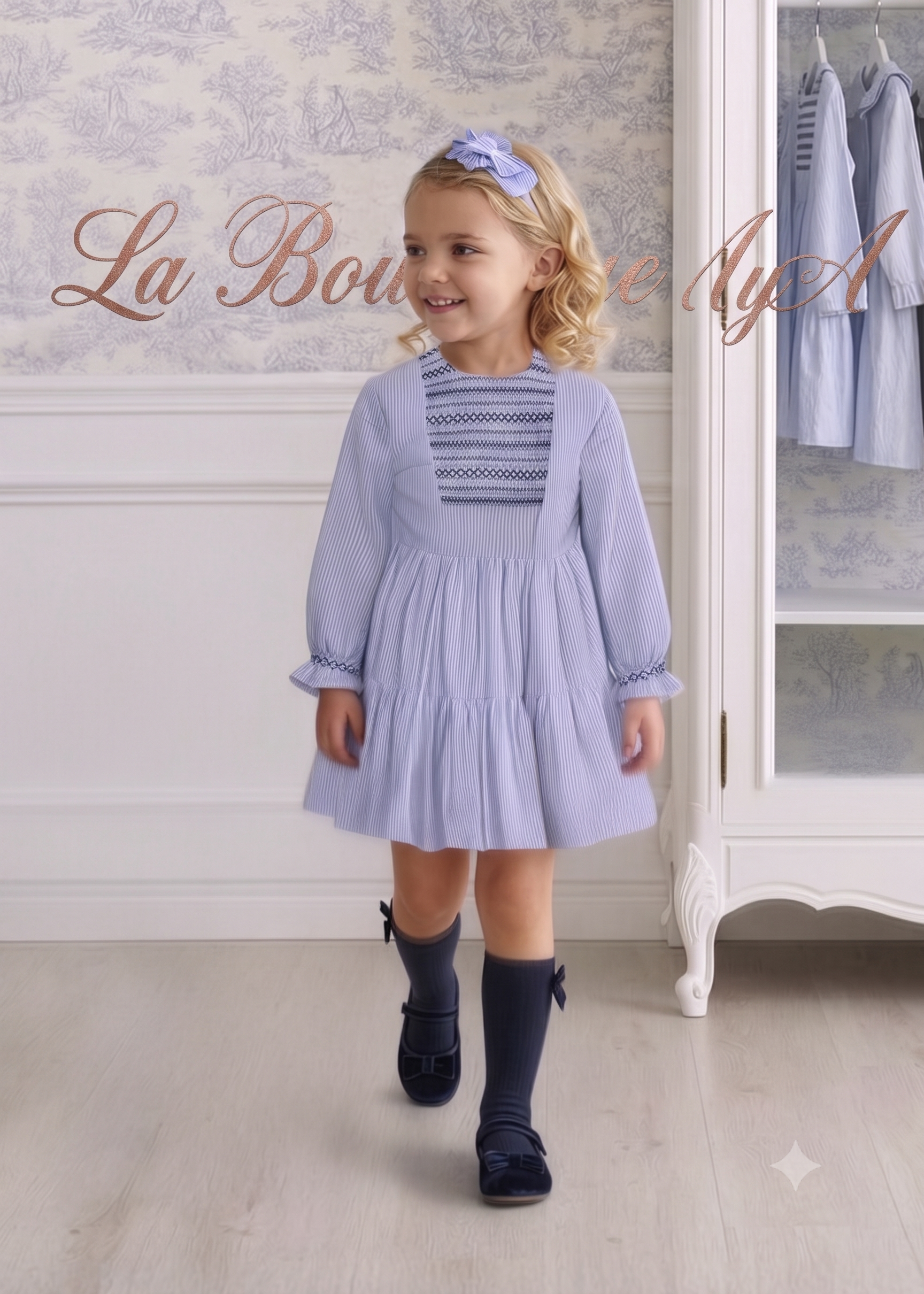 Niña luciendo el vestido a rayas azul celeste con nido de abeja de la marca española Miranda