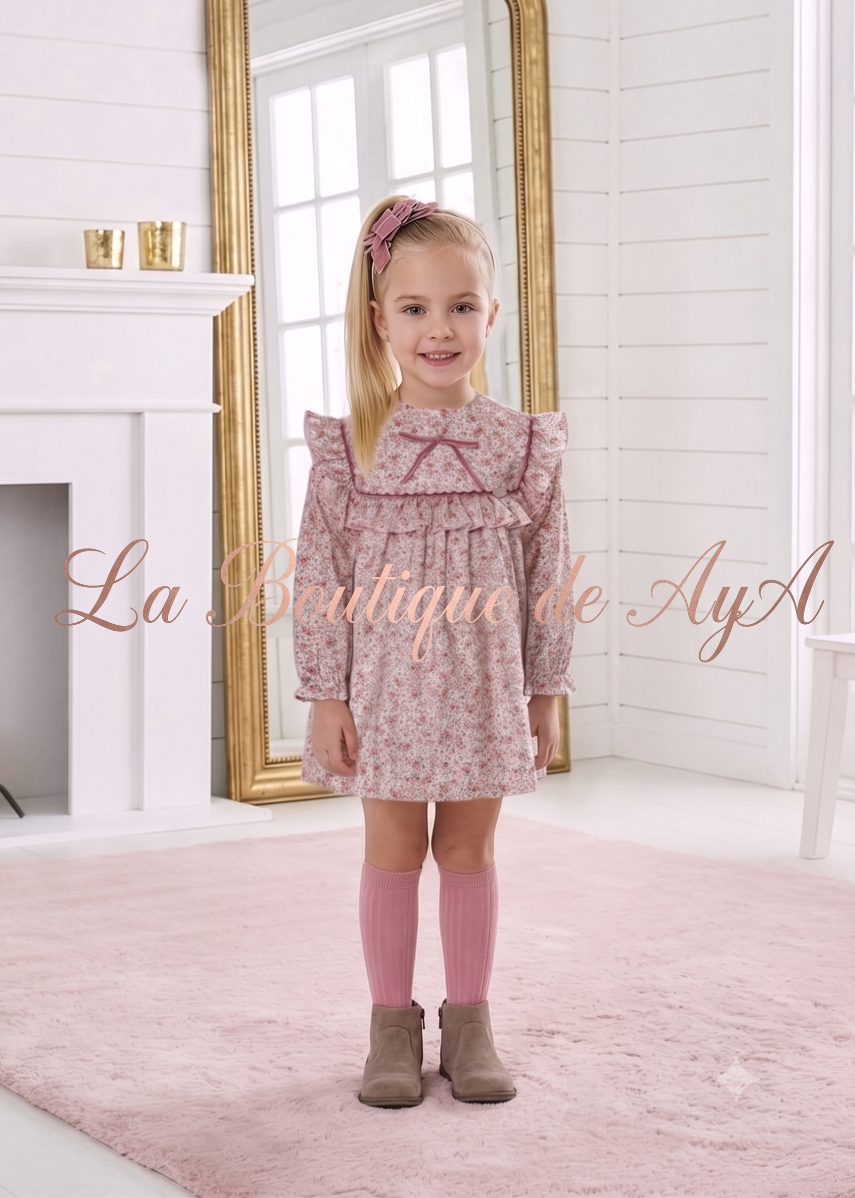 Niña luciendo el vestido elegante de invierno en rosa palo de la marca Miranda