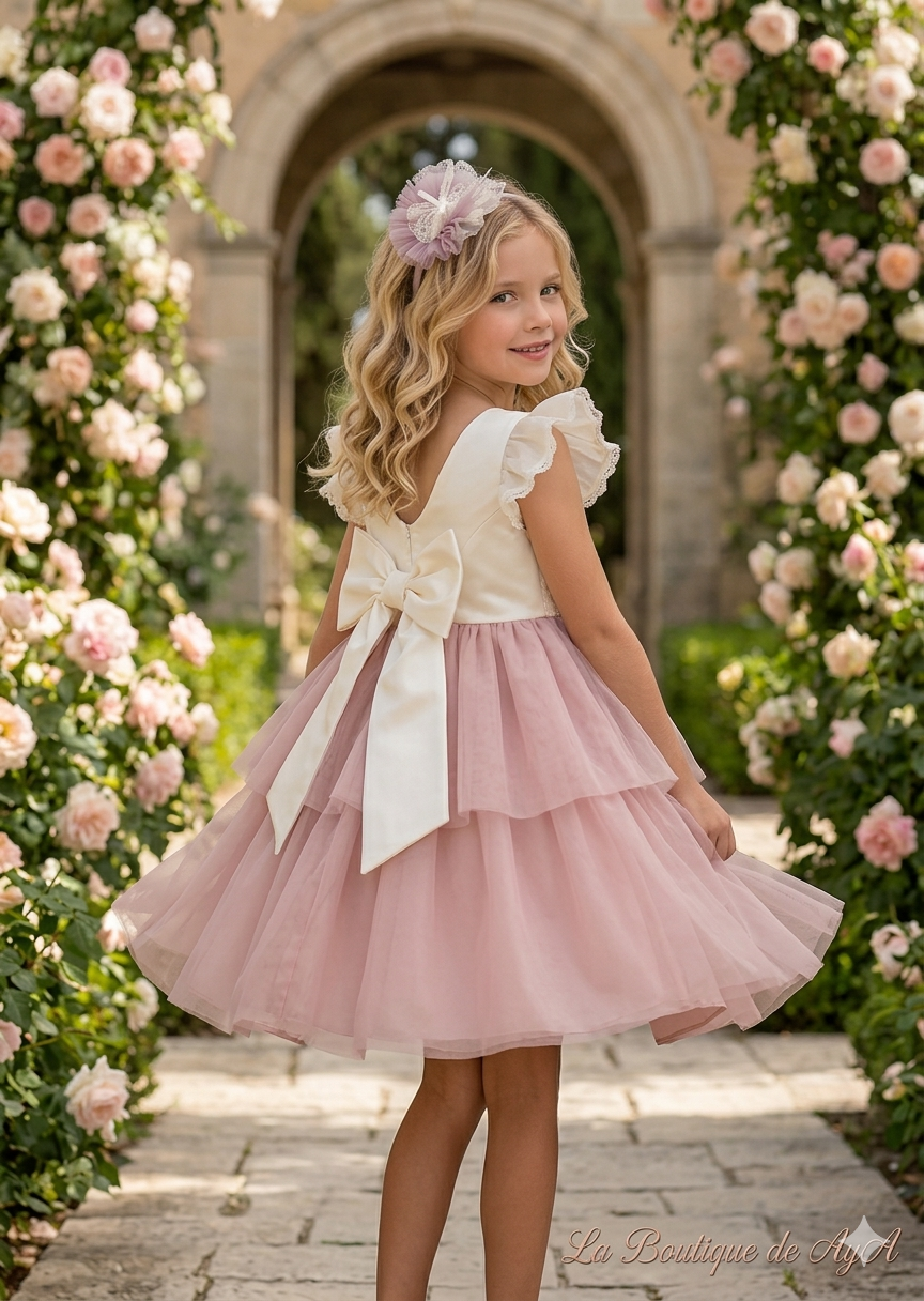 Vestido de Ceremonia Infantil Blanco y Rosa con Volantes – Miranda 0224