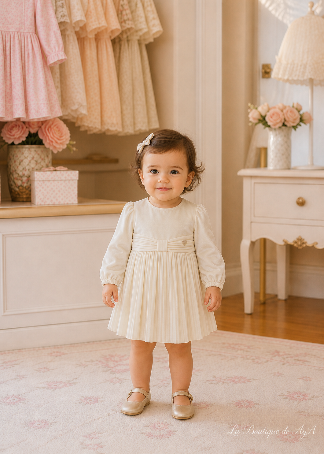 Vestido terciopelo plisado Tofu Mayoral para bebé 02902-088 - foto con bebé de 18 meses