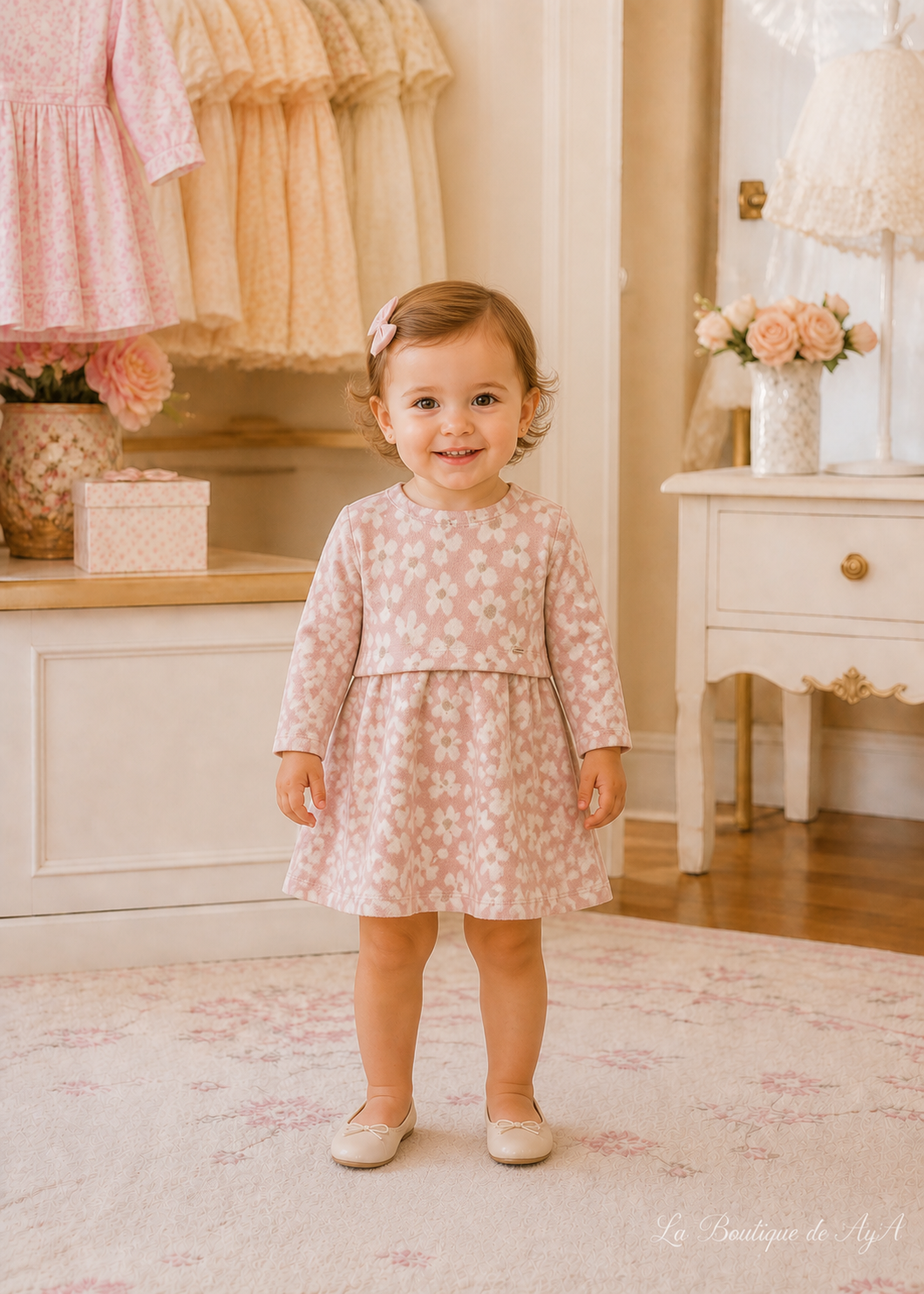 Vestido punto jacquard Rosa pastel Mayoral para bebé 02905-086 - foto con bebé de 18 meses