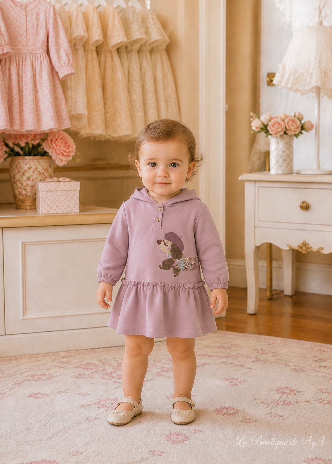 Vestido con capucha Malva Mayoral para bebé 02937-095 - foto con bebé de 18 meses