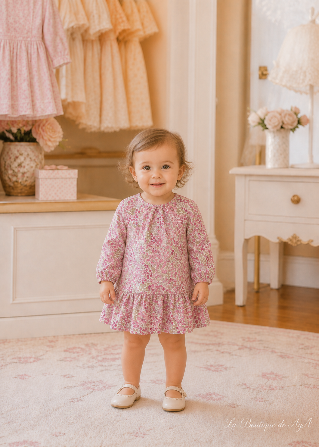 Vestido bambula estampado Pétalo Mayoral para bebé 02940-018 - foto con bebé de 18 meses