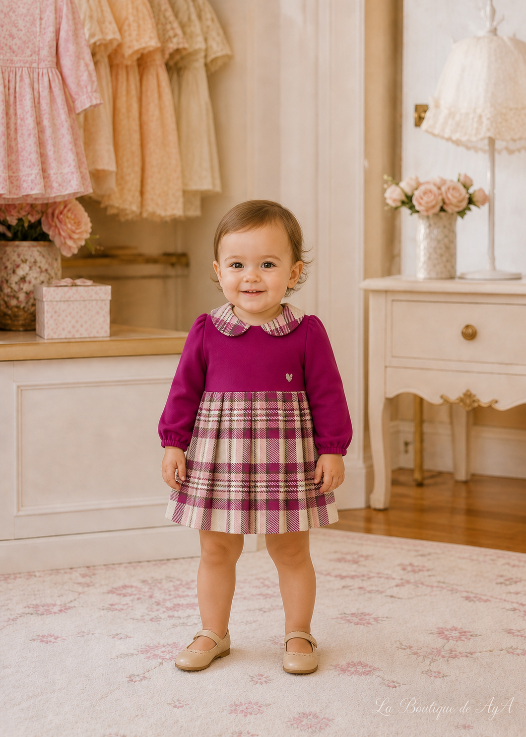 Vestido cuadros combinado Framboise Mayoral para bebé 02945-026 - foto con bebé de 18 meses