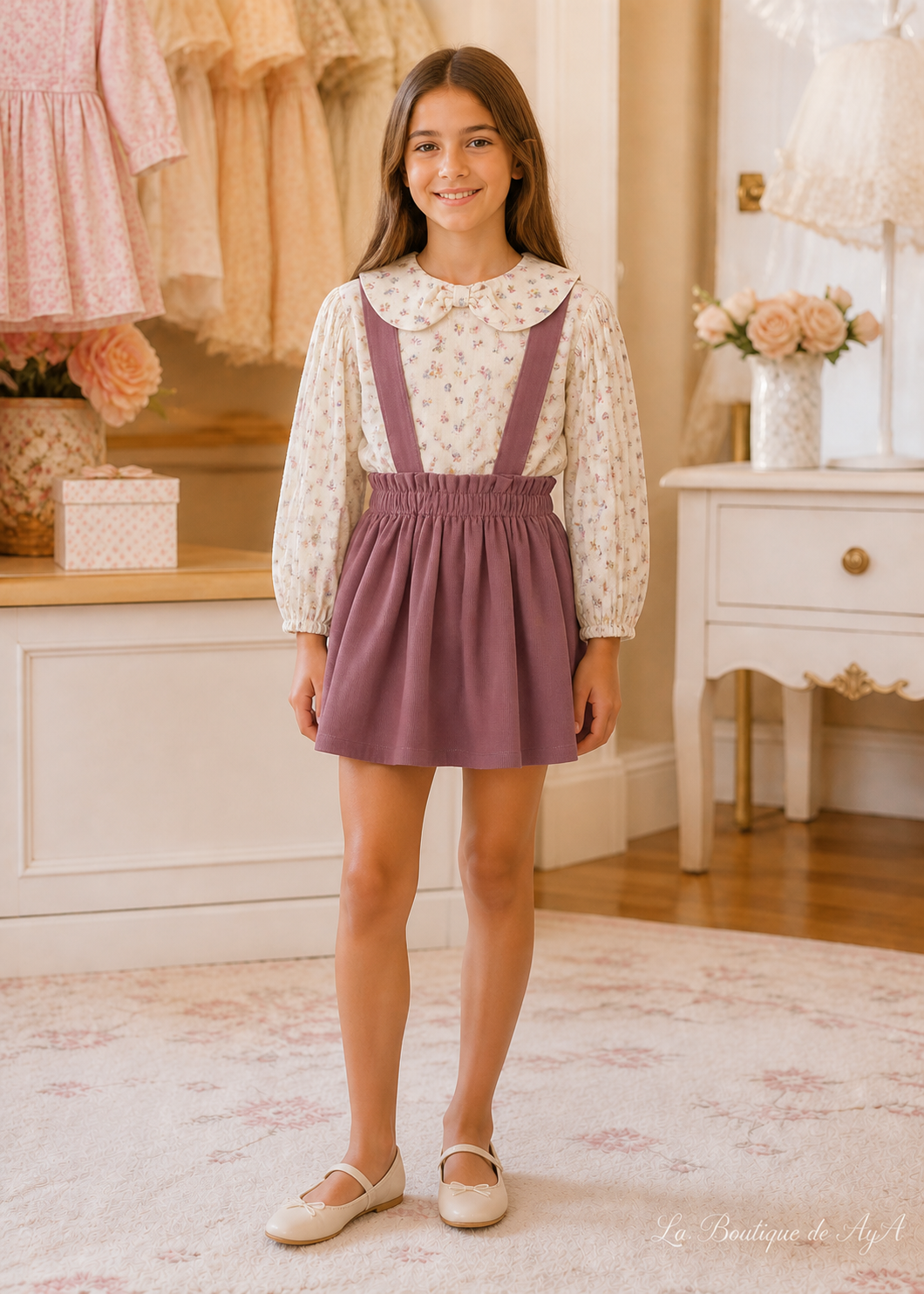 Conj. falda con tirantes Violeta Mayoral para niña 02950-040 - foto con modelo