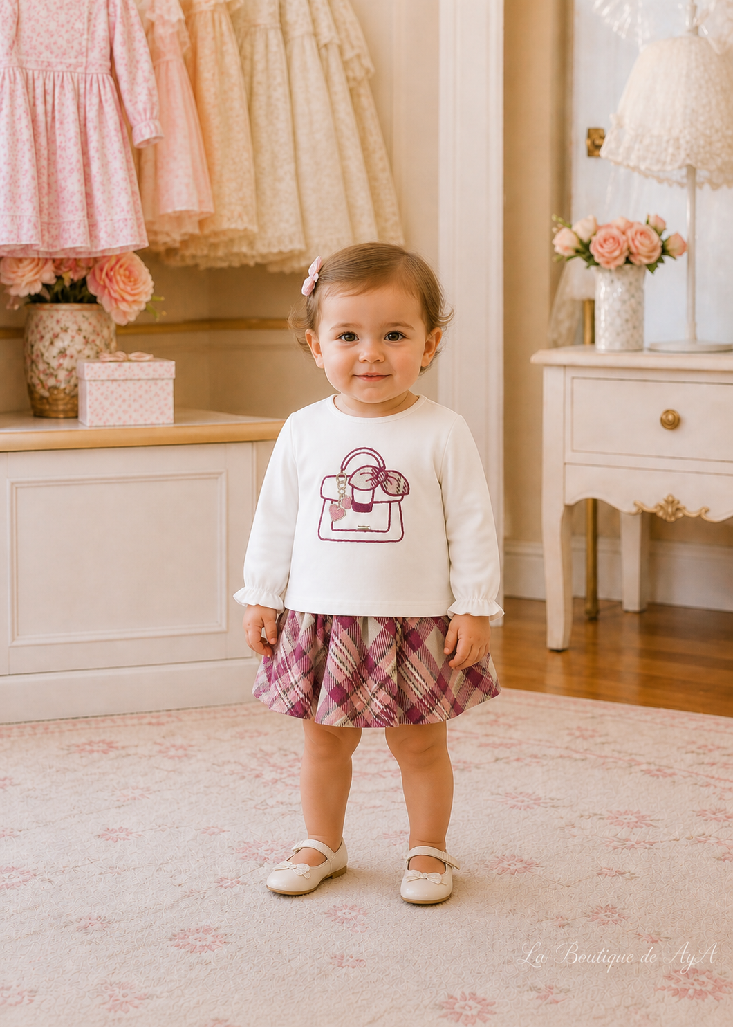 Conjunto falda cuadros Framboise Mayoral para bebé 02953-047 - foto con bebé de 18 meses