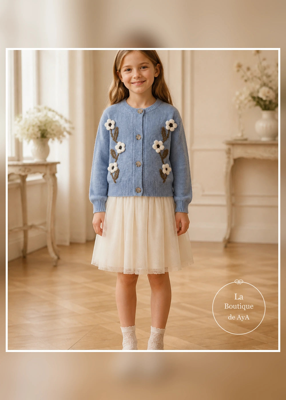 Rebeca de punto con flores cielo mezcla para niña Mayoral 04323-088 - modelo