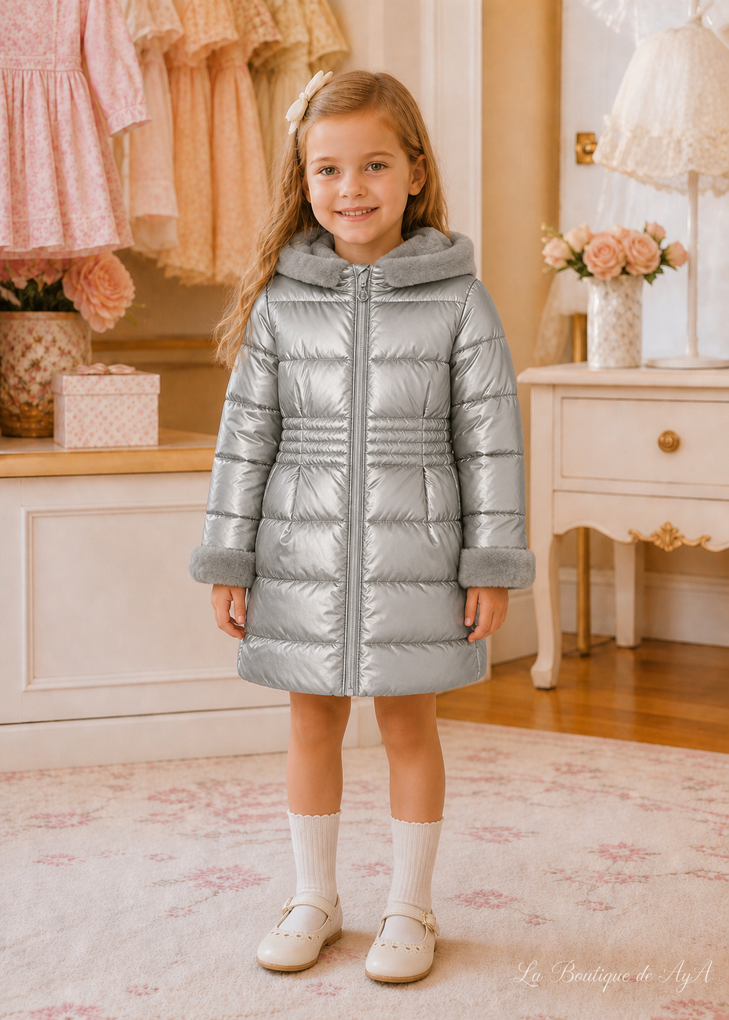 Chaquetón metalizado con pelo Plata Mayoral para niña 04422-041