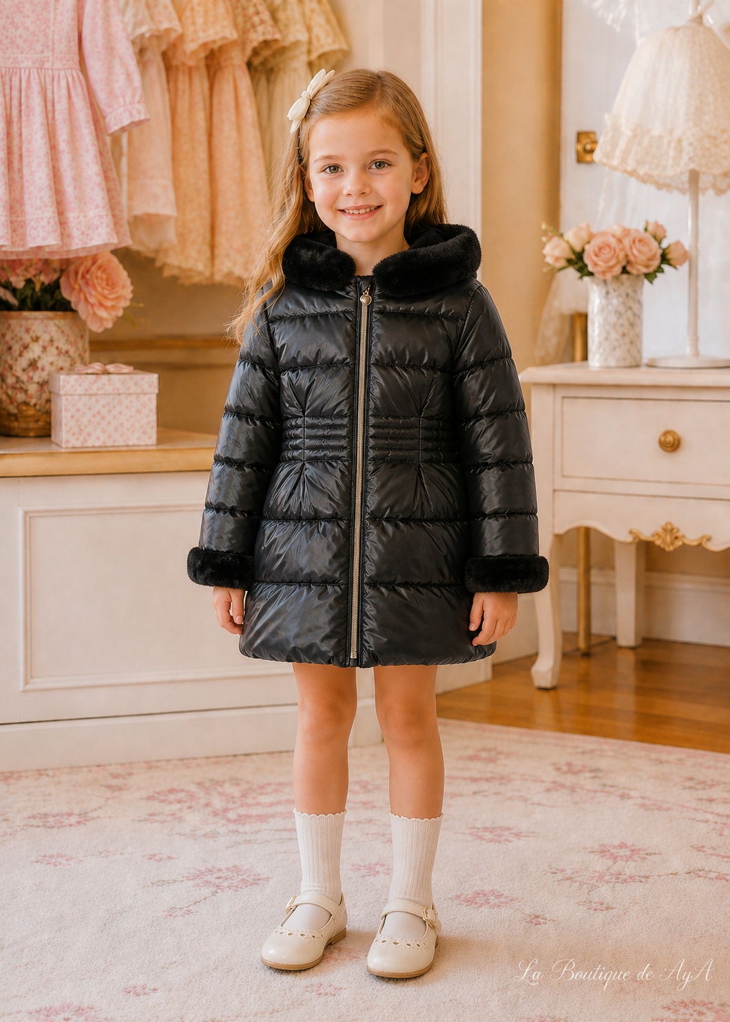 Chaquetón metalizado con pelo Negro Mayoral para niña 04422-043