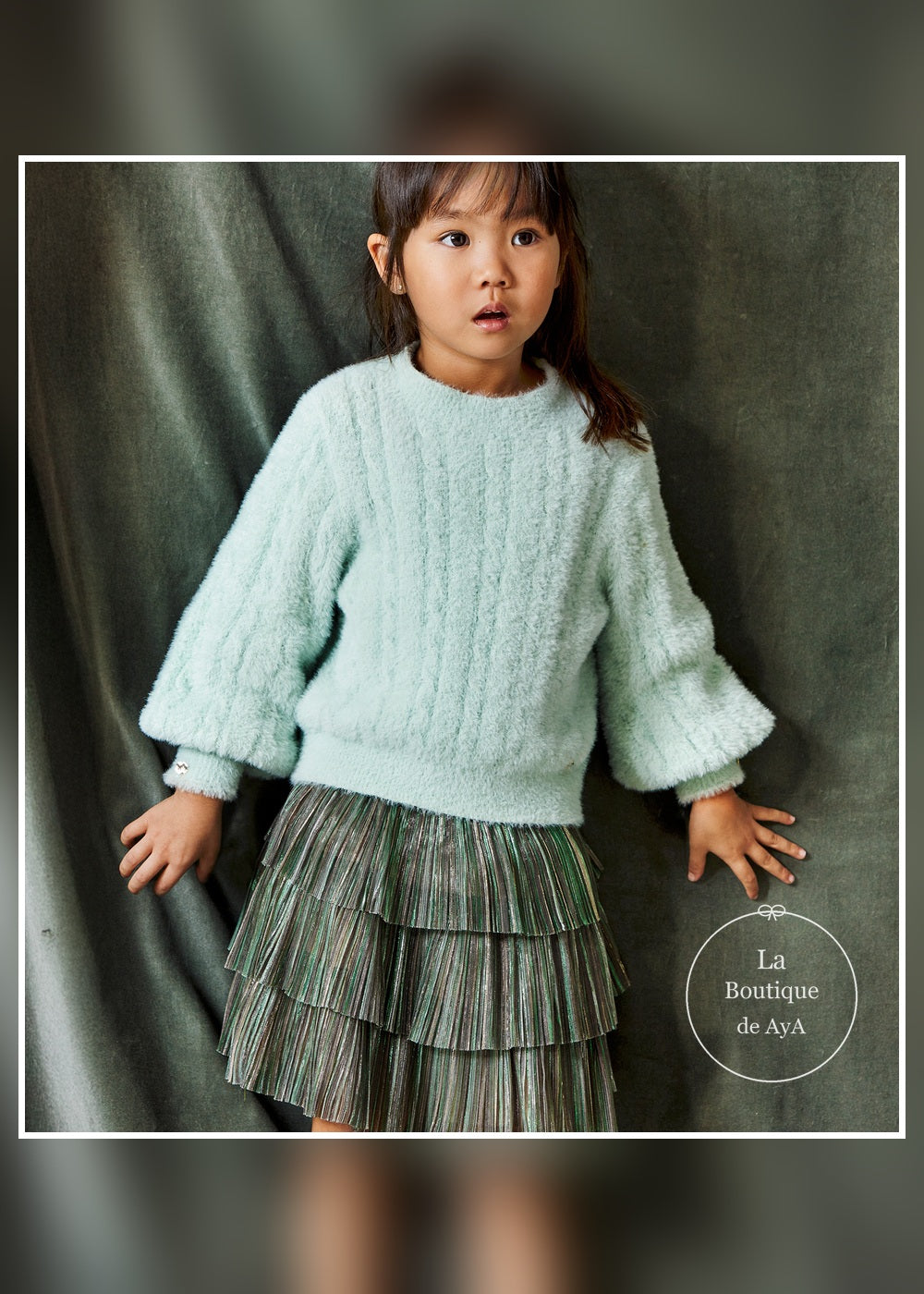 Conjunto jersey menta y falda plisada jade para niña Abel & Lula - portada con modelo