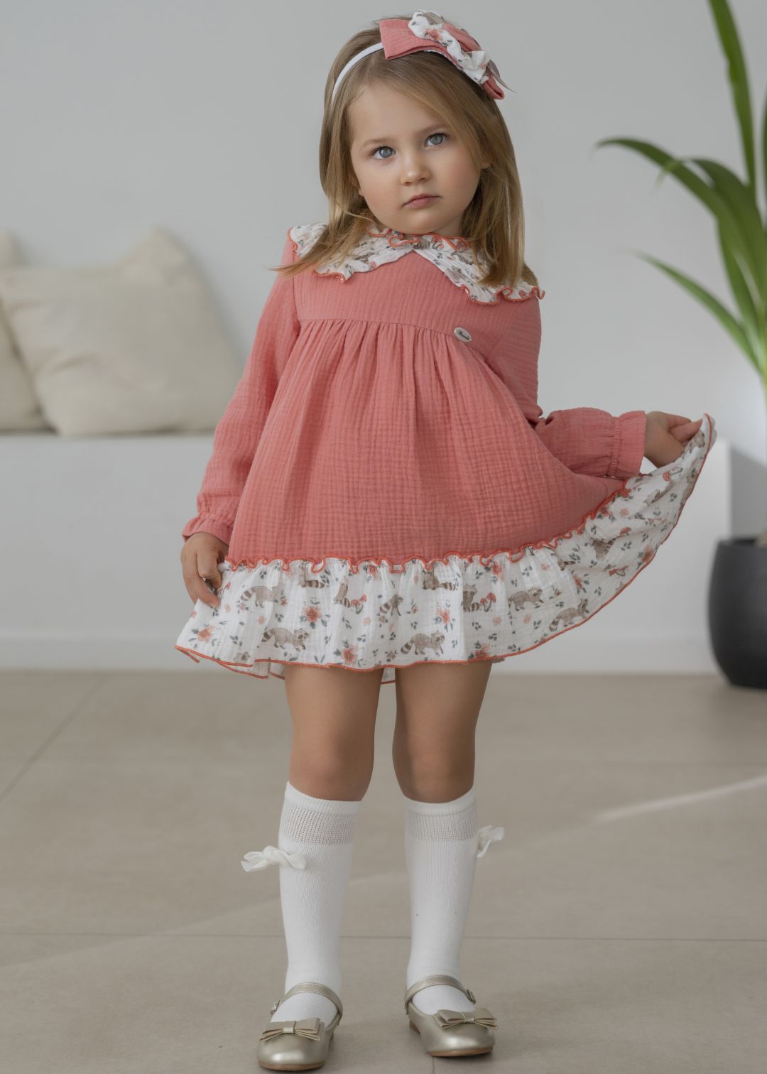 Vestido infantil niña mapaches salmon miranda 0603