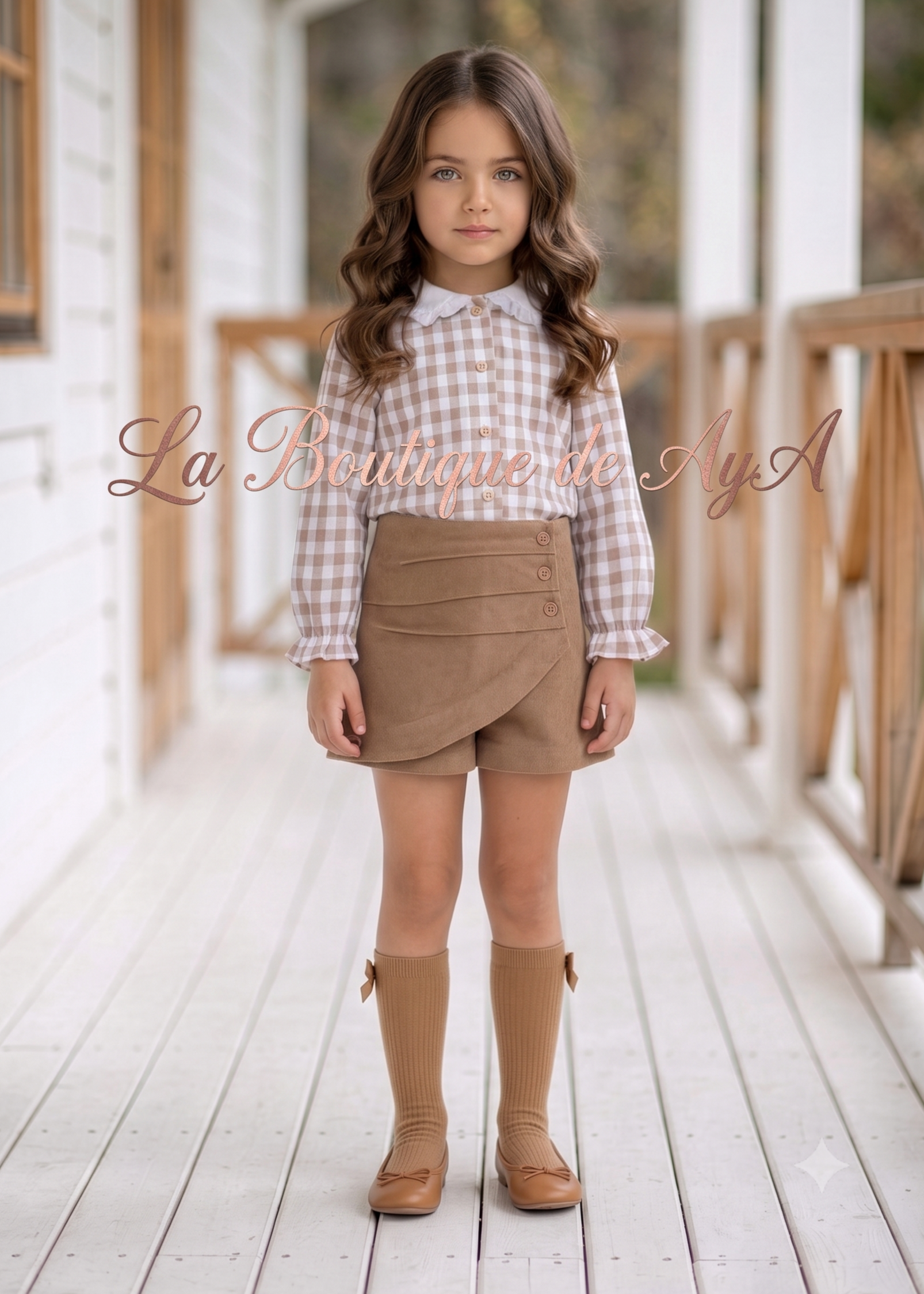 Niña vistiendo el conjunto de invierno de blusa a cuadros y short falda marrón camel de Miranda