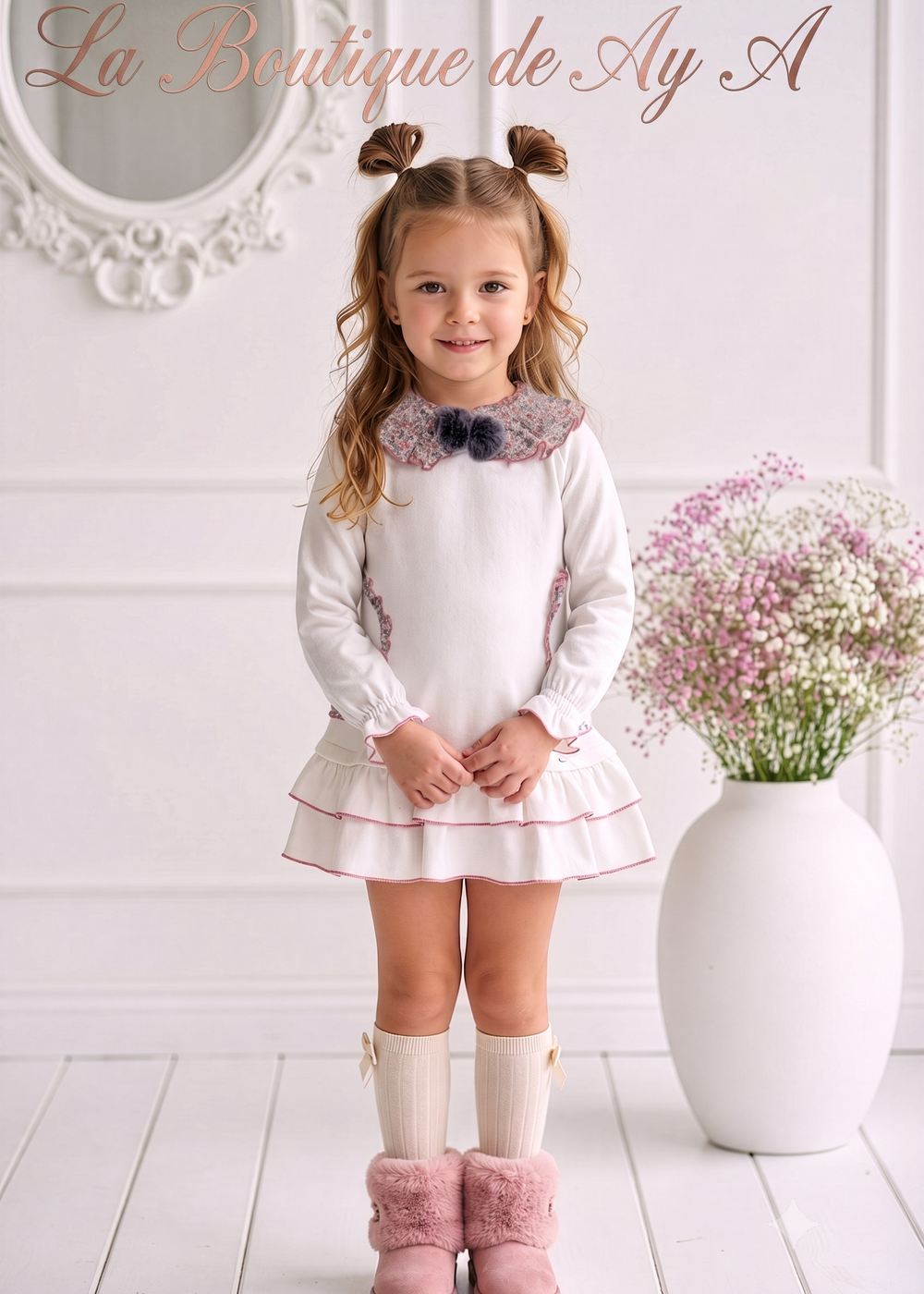 Vestido de Invierno para Niña Blanco Crudo con Cuello Floral y Volantes - Miranda Ref. 40/0612/V - La boutique de AyA Miranda