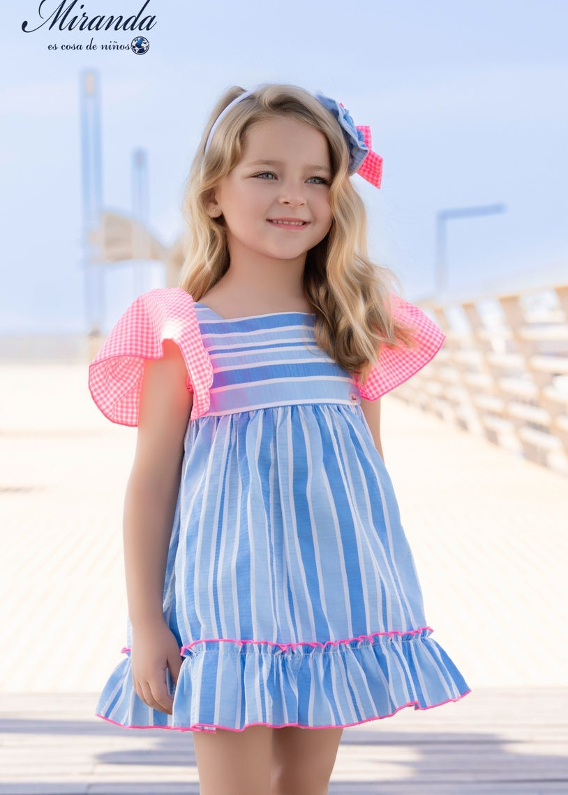 Vestido niña Miranda rayas azul y blanco con lazo vichy rosa