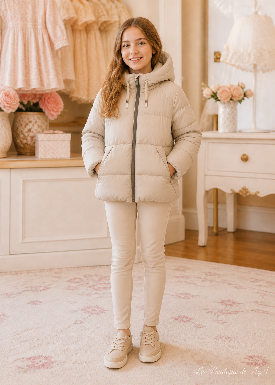 Chaqueton peach Almendra Mayoral para niña 07444-087 - foto con modelo