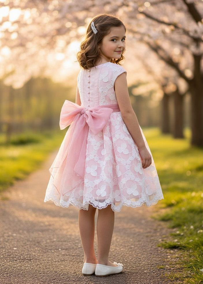 Vestido de Ceremonia Abel & Lula Rosa de Organza con Flores y Lazo Trasero 05032