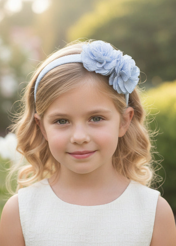 Diadema forrada 2 flores tela Javea azul cielo 201106372ac
