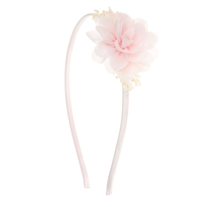 Diadema con pequeño tocado de bambula y flor seca natural rosa pastel