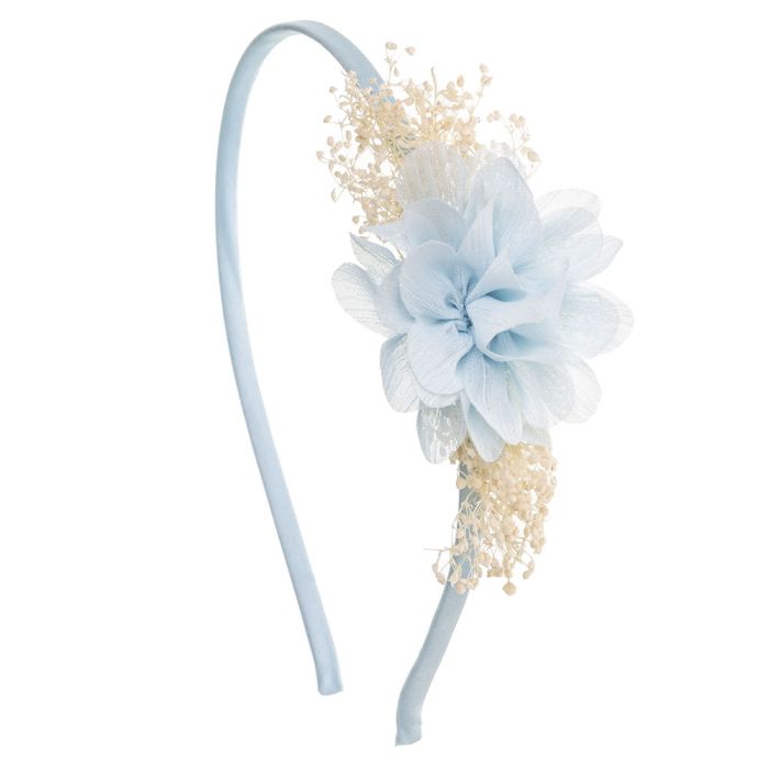 Diadema con pequeño tocado de bambula y flor seca natural Azul Pastel