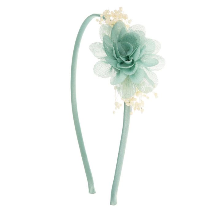 Diadema con pequeño tocado de bambula y flor seca natural verde mar