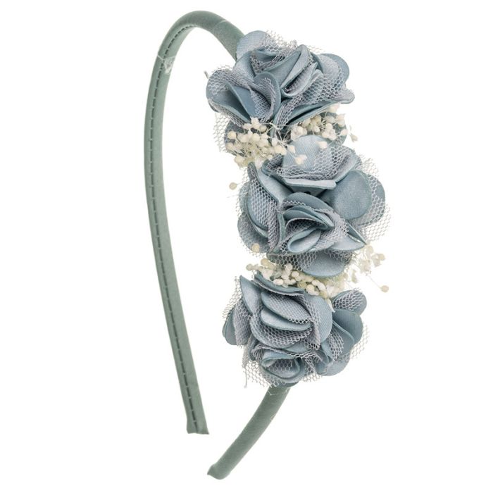 Diadema suave 3 flores cora y gypsophila Azul Francia Siena - La boutique de AyA