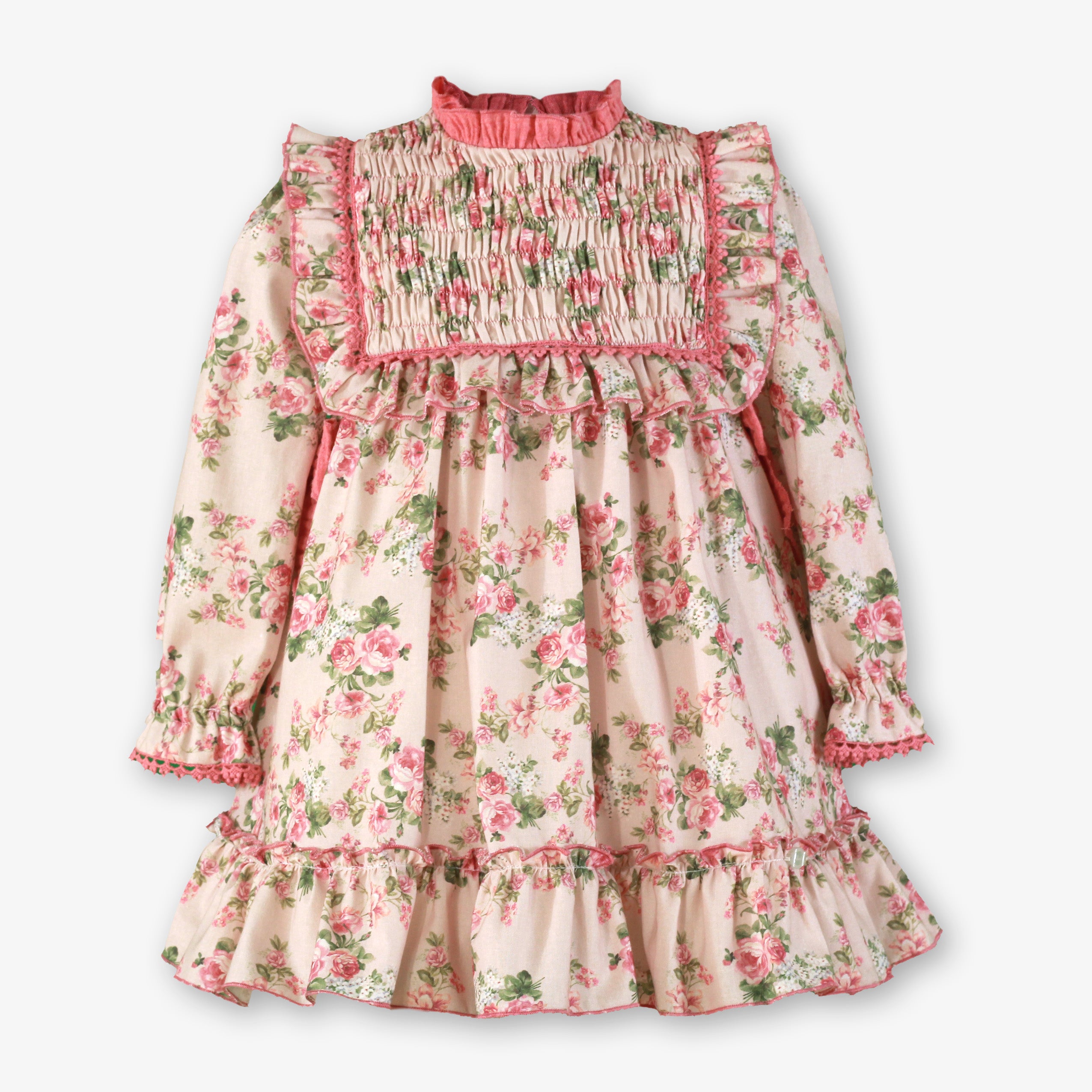 Vestido de invierno para niña en rosa palo con estampado floral de rosas, pechera fruncida estilo smock y volantes - Miranda 40/0226/V