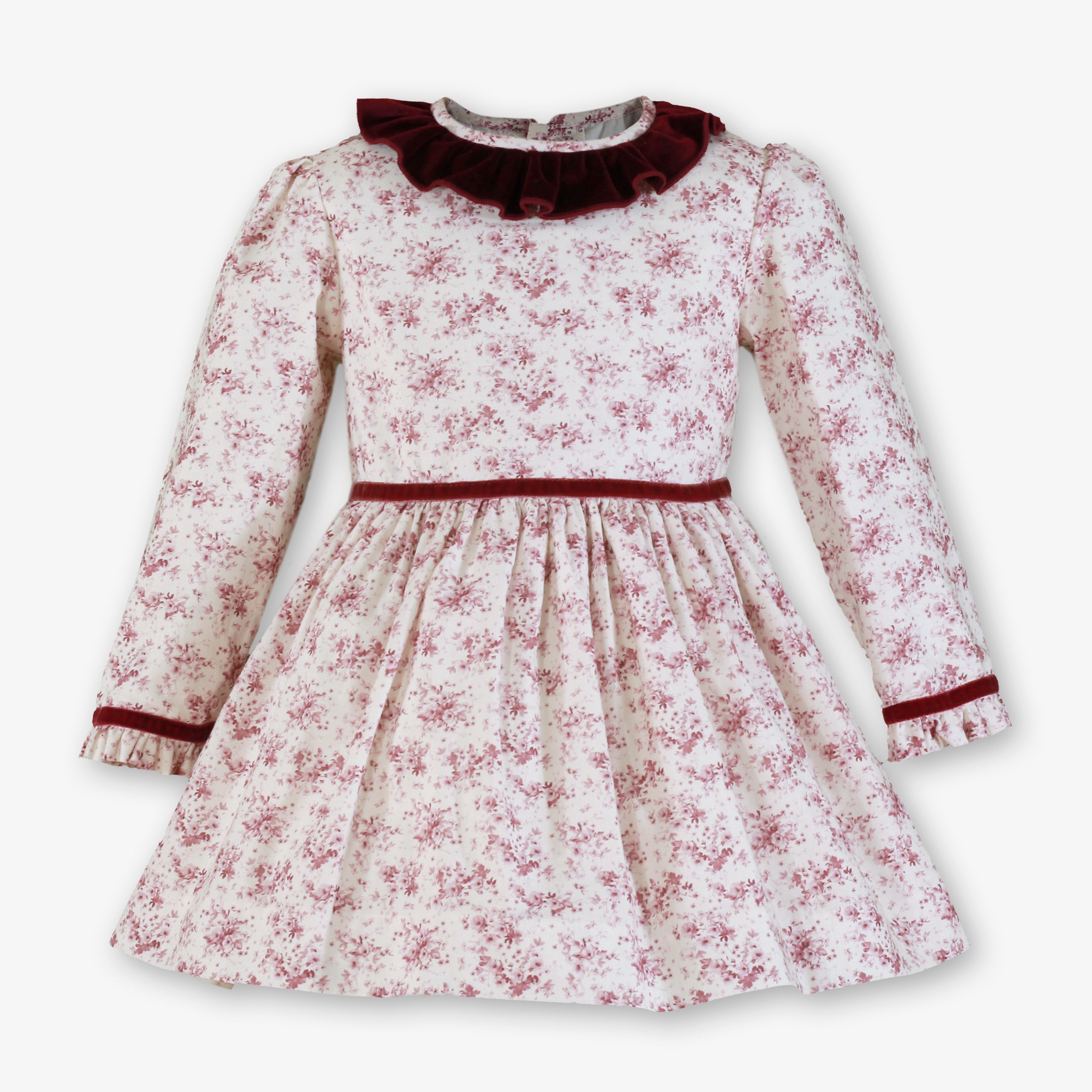 Vestido de invierno para niña estampado floral granate con cuello y talle de terciopelo - Miranda 40/0228/V