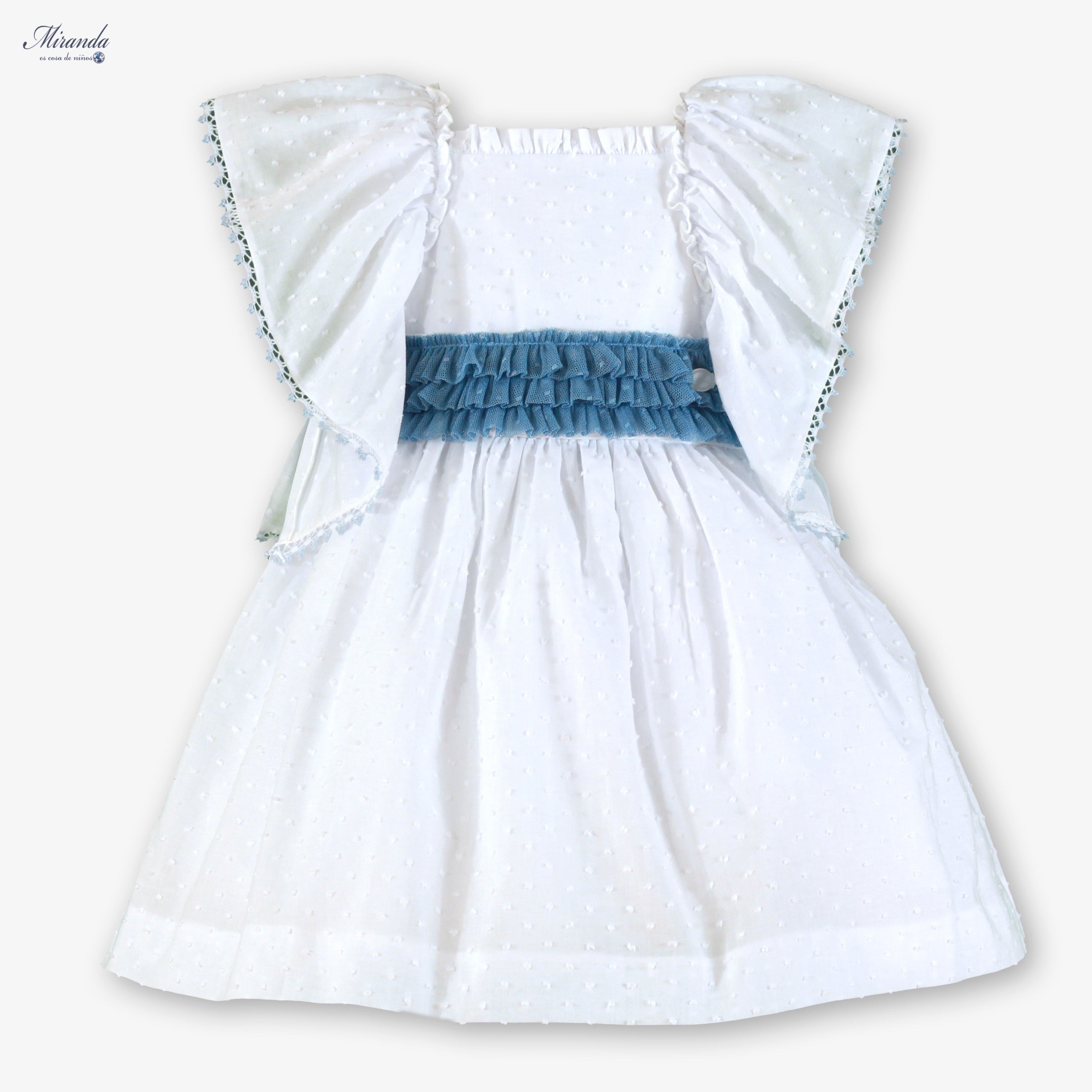 Vestido de Ceremonia Infantil Blanco con Lazo Azul y Plumeti 0228