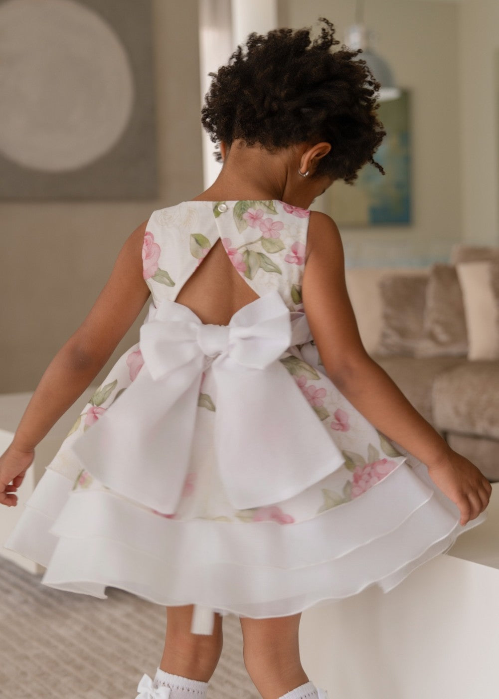 Vestido de Ceremonia Infantil Blanco con Estampado Floral y Lazo 0229