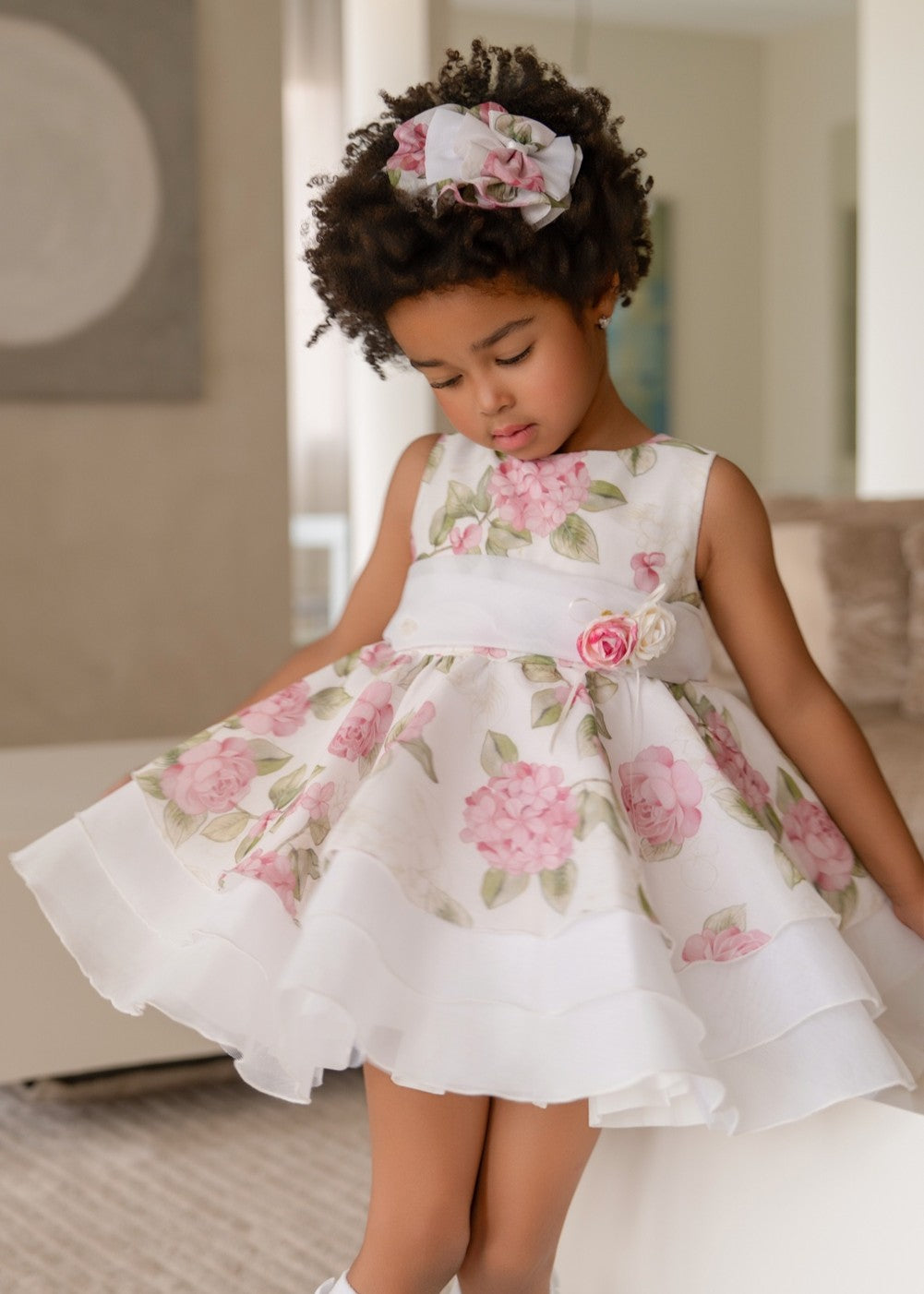 Vestido de Ceremonia Infantil Blanco con Estampado Floral y Lazo 0229