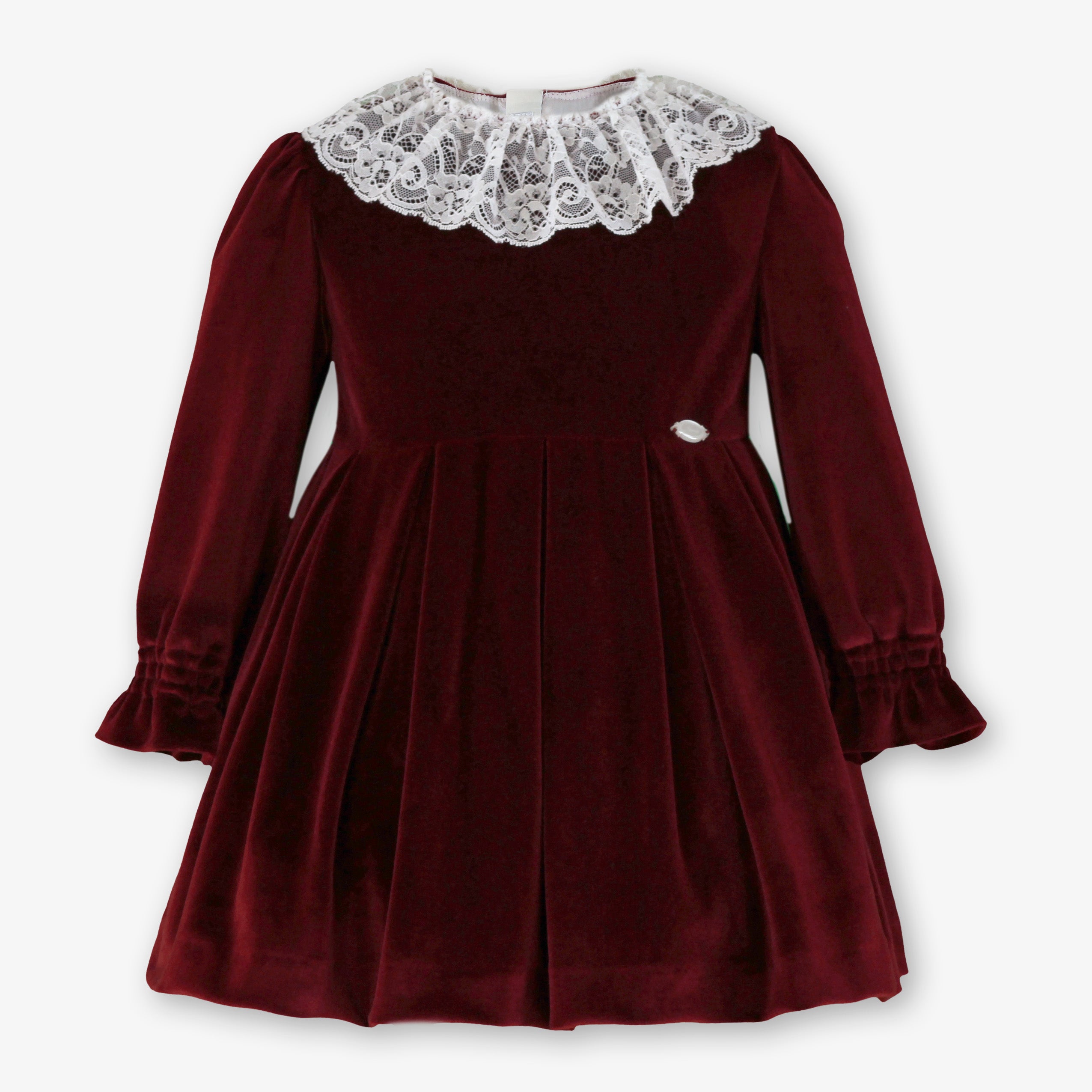 Vestido de ceremonia para niña en terciopelo granate con cuello de encaje calado blanco - Miranda 40/0229/V