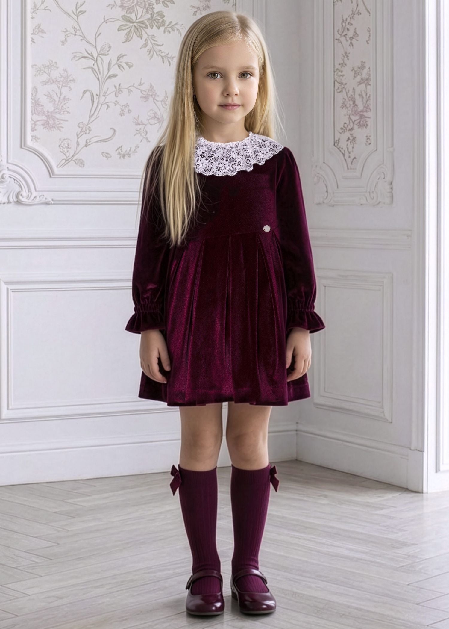 Niña luciendo el vestido elegante de terciopelo granate de la marca española Miranda