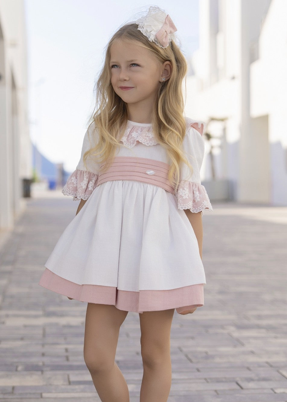 Vestido de Ceremonia Infantil Blanco y Rosa con Lazo y Encaje 0230