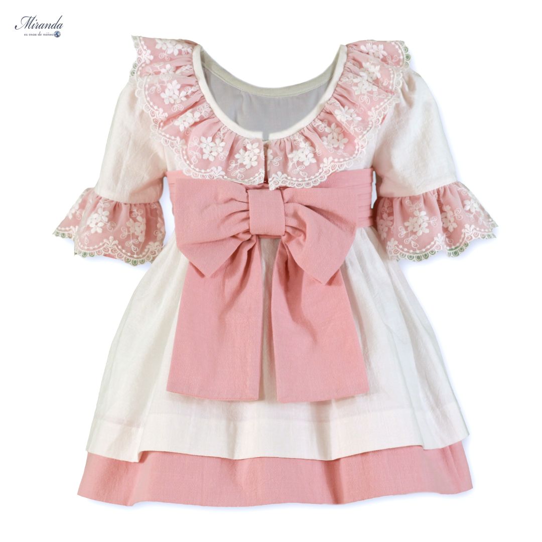 Vestido de Ceremonia Infantil Blanco y Rosa con Lazo y Encaje 0230