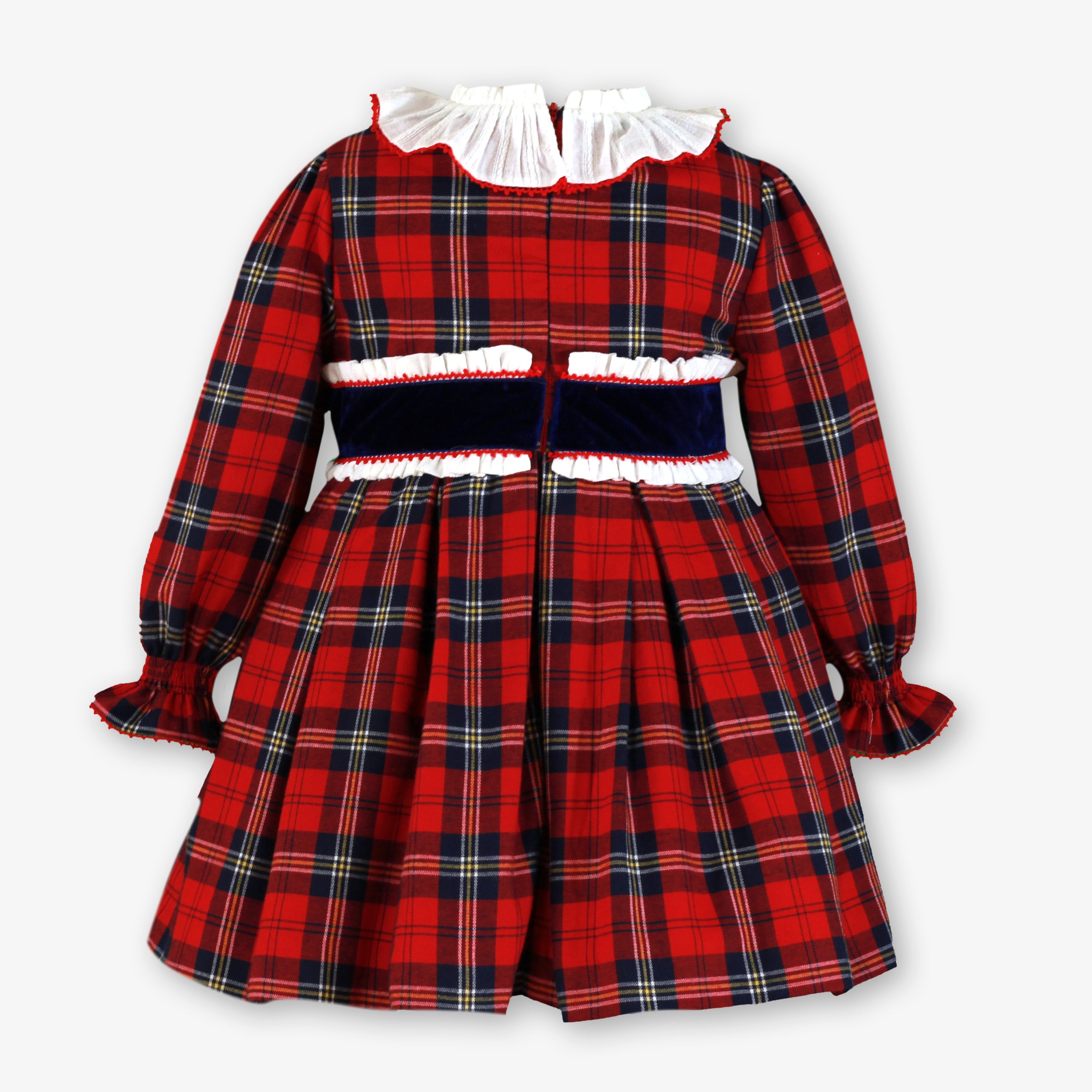 Vista trasera con cierre de cremallera del vestido de cuadros escoceses rojos para niña firma Miranda