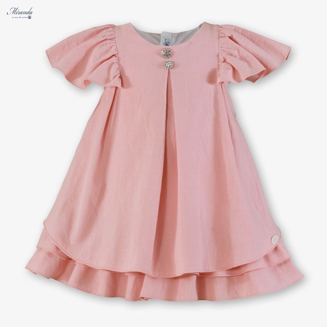Vestido de Ceremonia Infantil Rosa con Volantes y Detalles Joyas 0231
