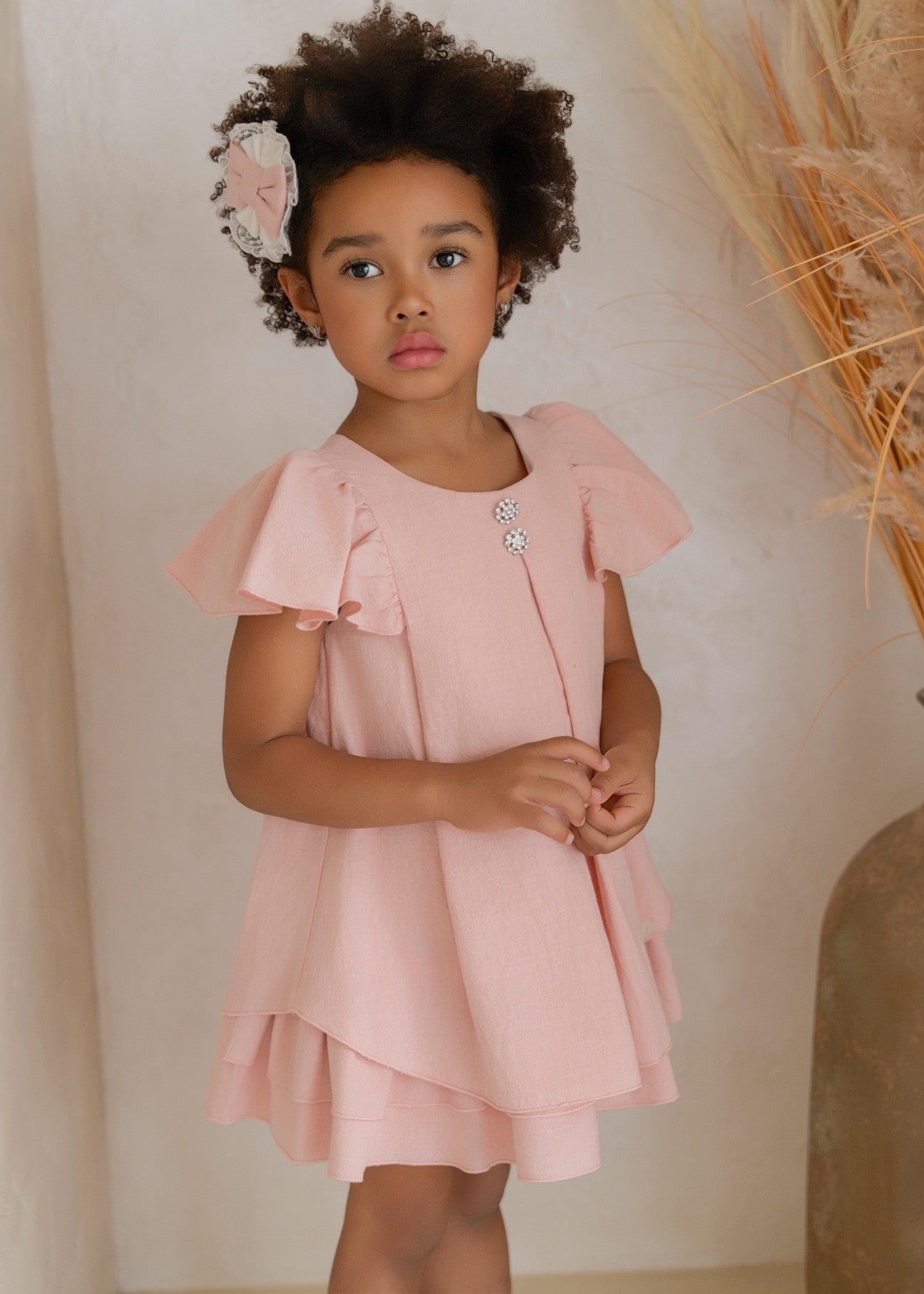 Vestido de Ceremonia Infantil Rosa con Volantes y Detalles Joyas 0231