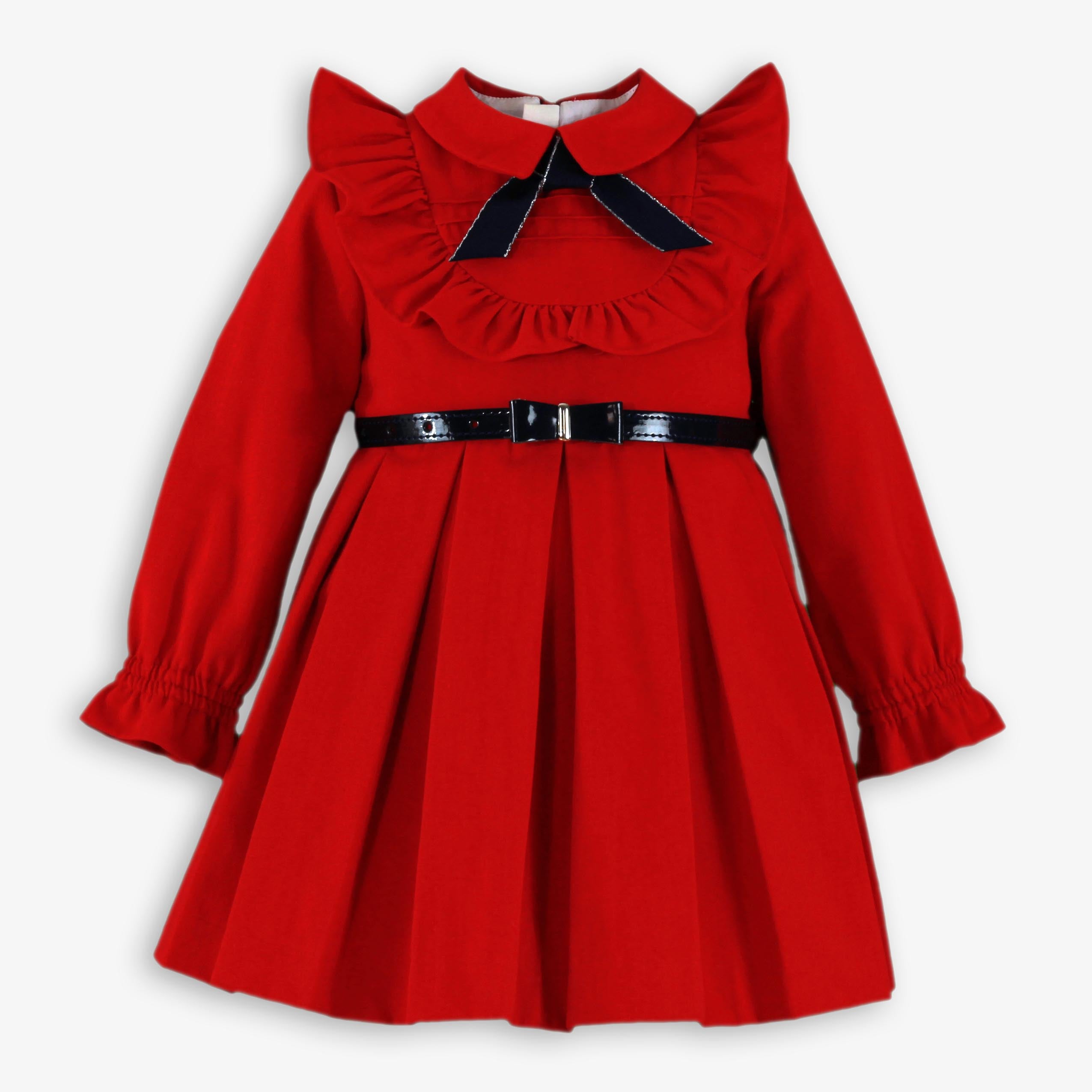 Vestido niña infantil rojo falda tablas cinturon marino 0233