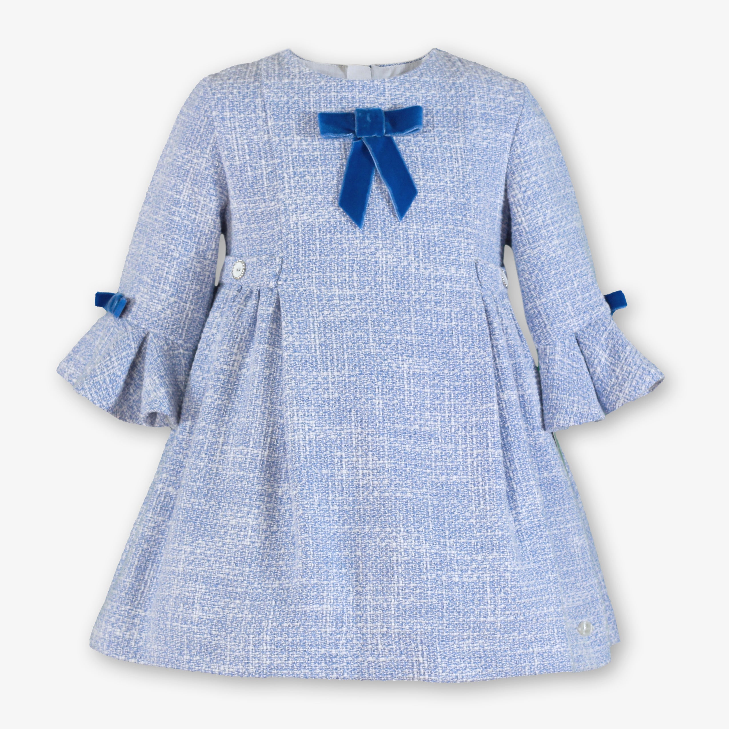 Vestido de ceremonia para niña en tejido tweed azul celeste con lazo de terciopelo azul y mangas acampanadas - Miranda 40/0234/V