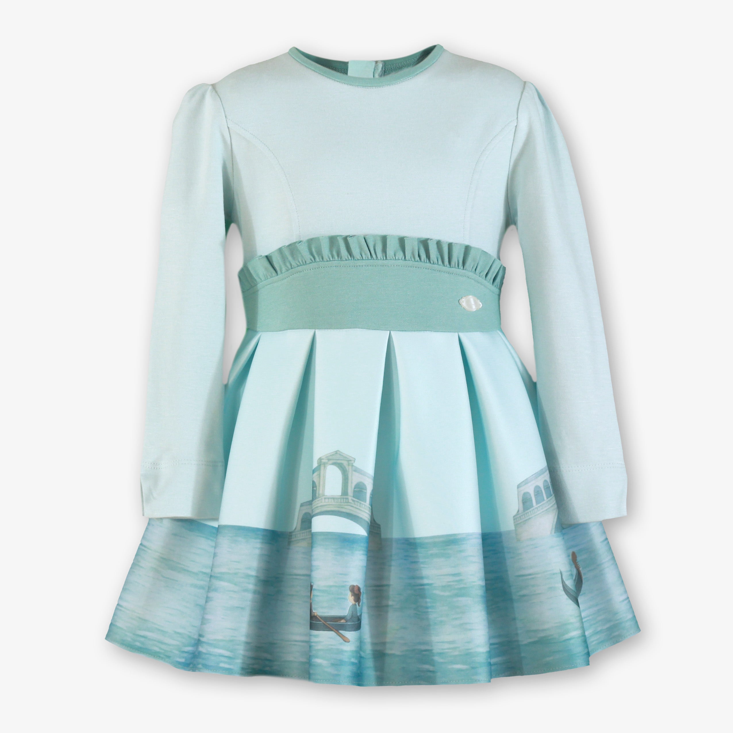 Vestido de invierno para niña en color verde agua con falda de tablas estampada con paisaje acuarelado de Venecia - Miranda 40/0236/V