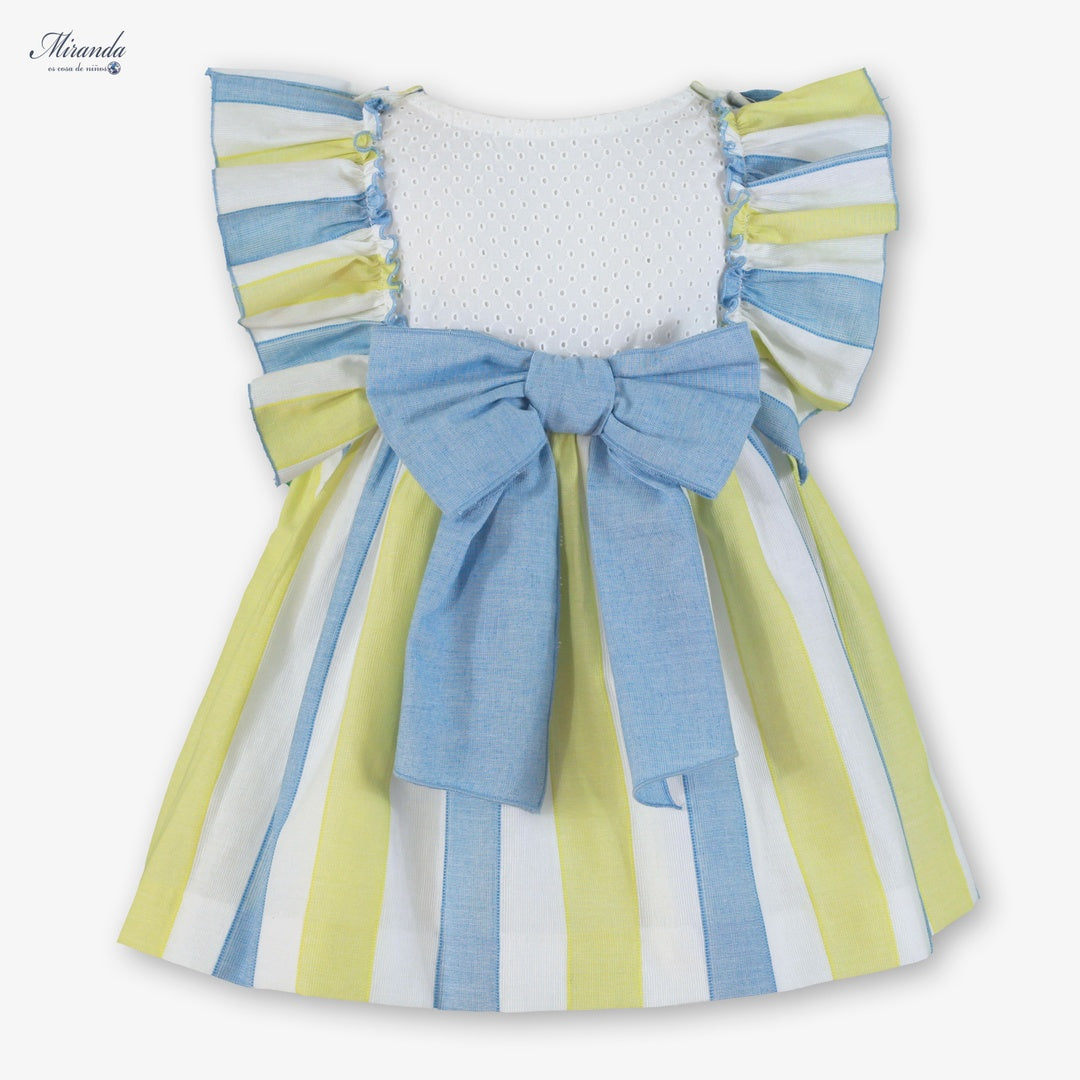Vestido de ceremonia para niña con rayas azul, blanco y amarillo y volantes, marca Miranda – vista trasera