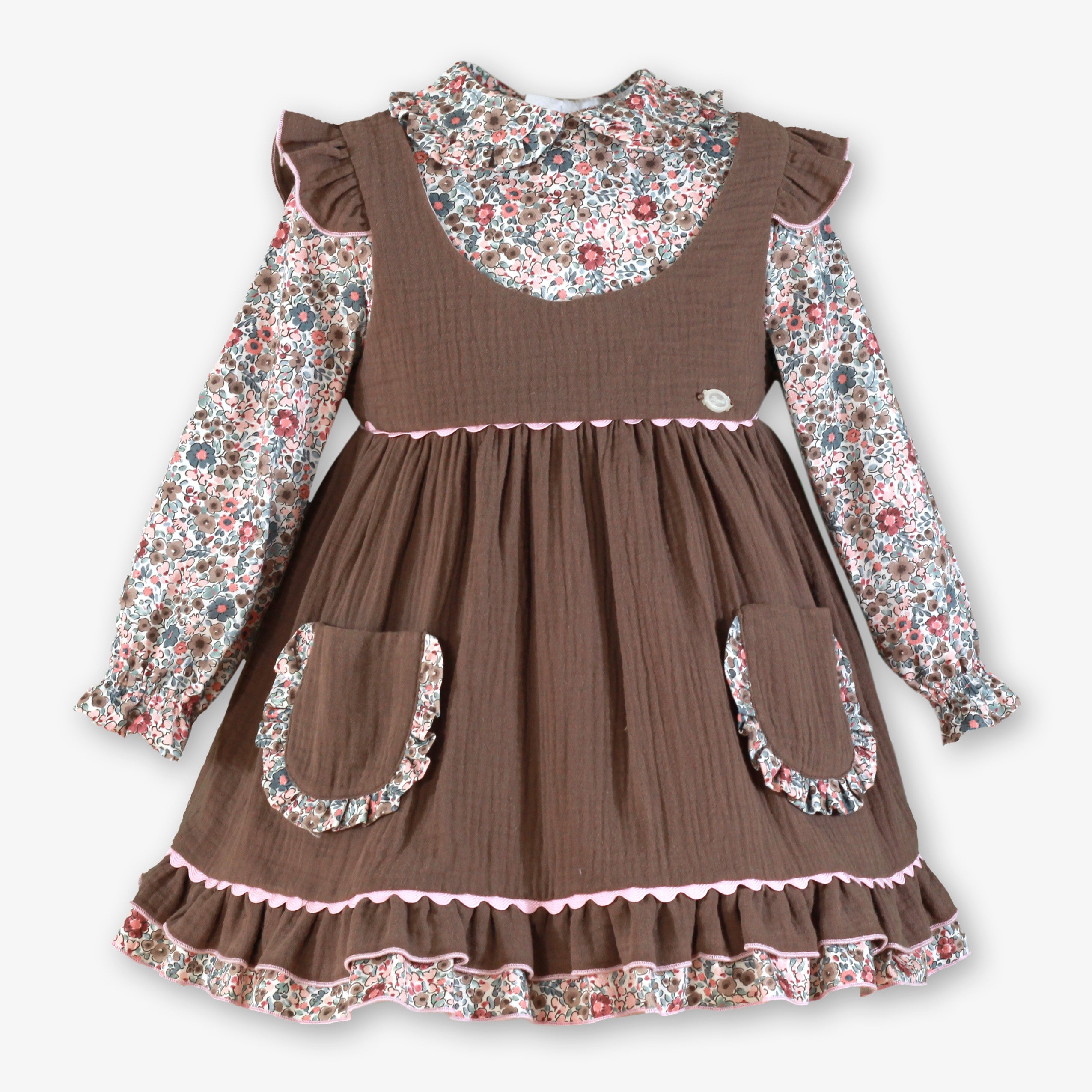 Vestido de invierno para niña efecto pichi en bambula marrón con blusa floral, bolsillos y piconela rosa - Miranda 40/0238/V