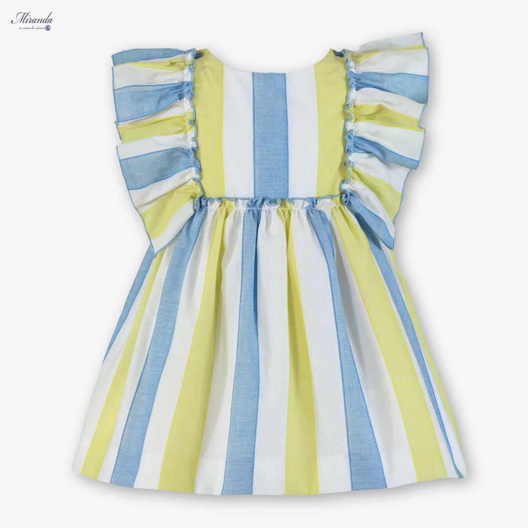  Vestido de ceremonia para niña con rayas azul, blanco y amarillo y gran lazo en la espalda, marca Miranda