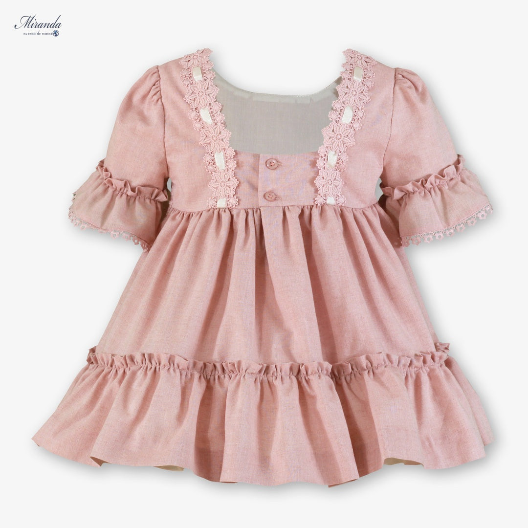  Vestido de ceremonia para niña rosa con detalles de encaje y volantes, marca Miranda