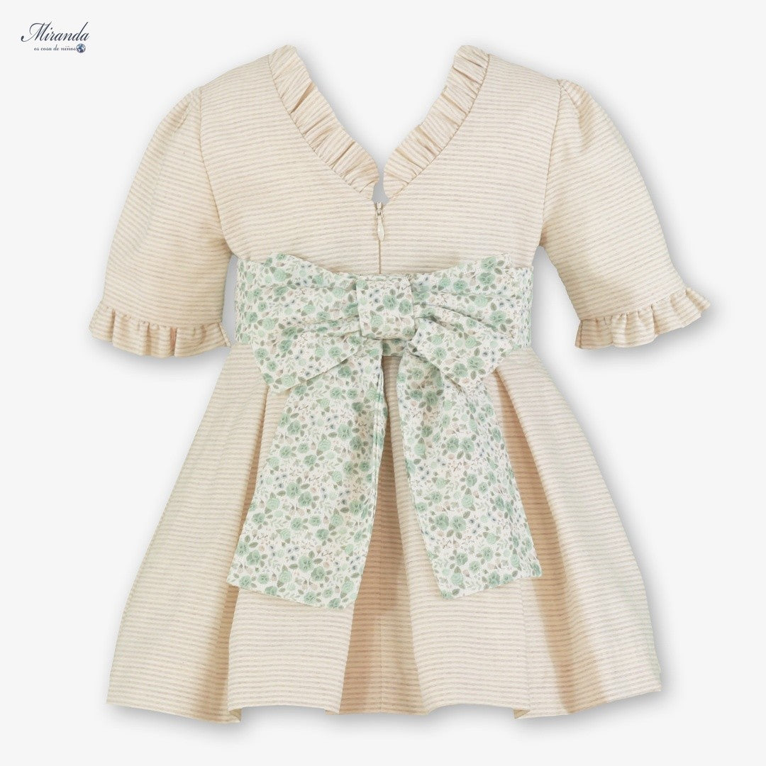 Vestido de Ceremonia Infantil Beige con Lazo Floral Verde  Miranda 0241