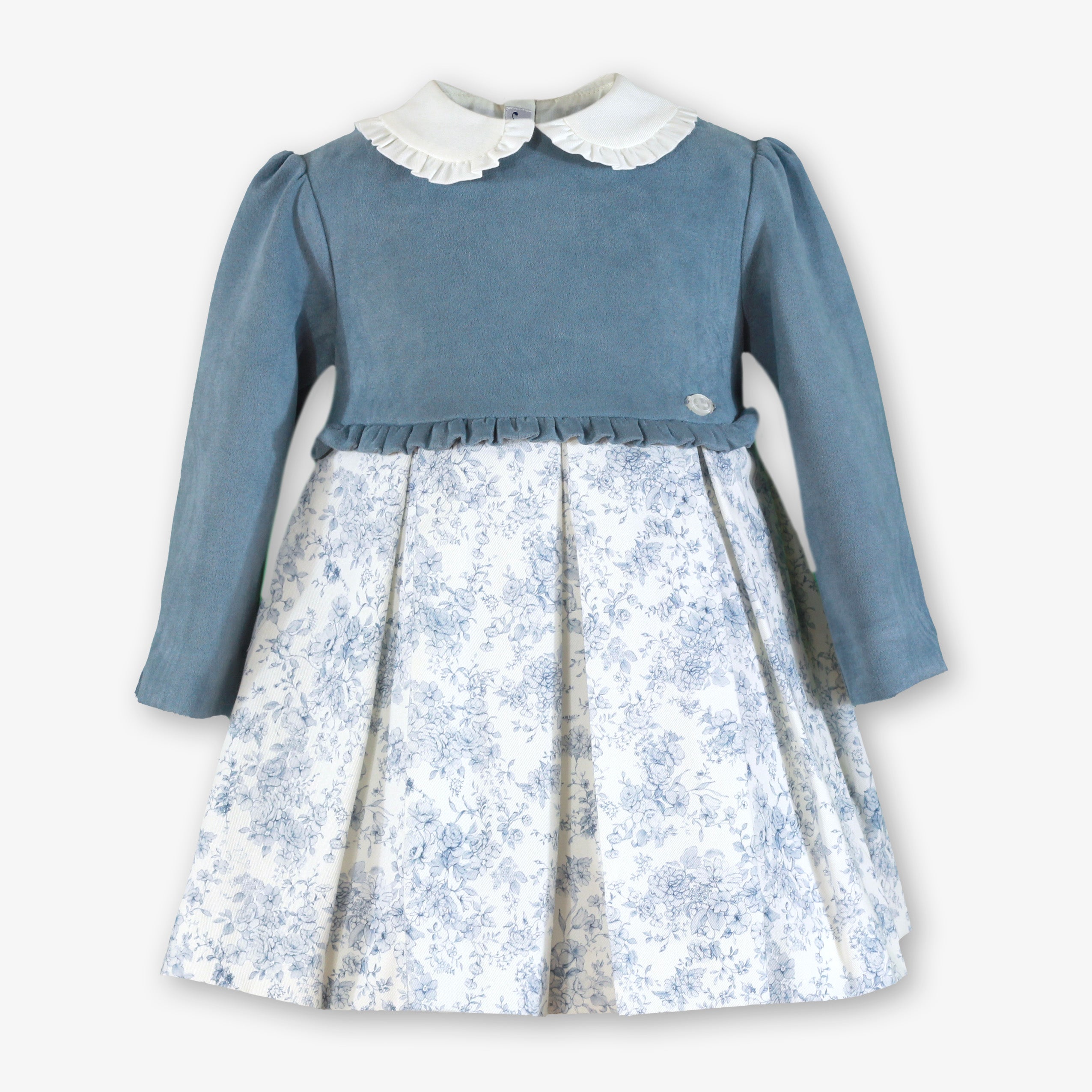 Vestido de Invierno para Niña Azul Empolvado Combinado con Falda Floral - Miranda Ref. 40/0243/V