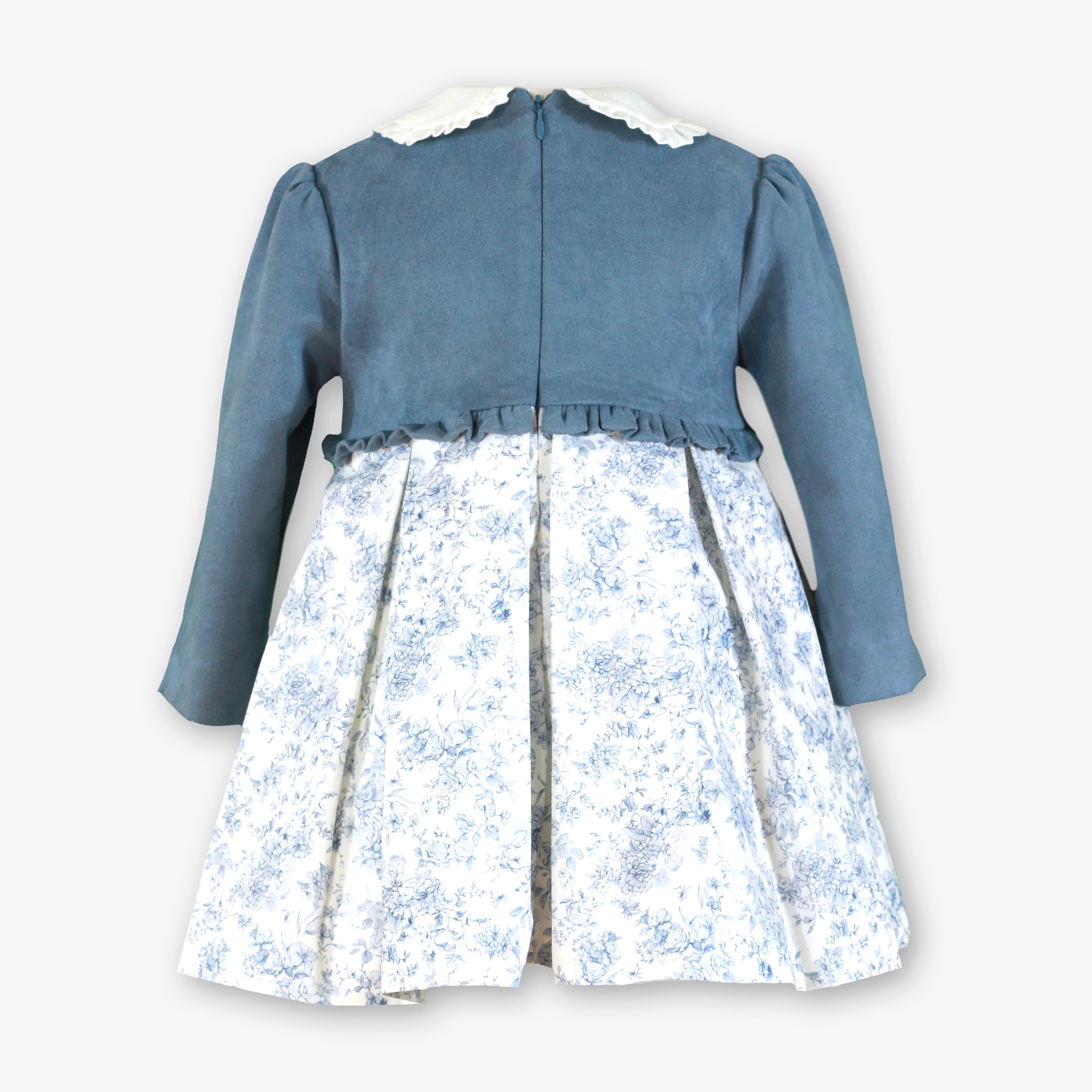 Vestido de Invierno para Niña Azul Empolvado Combinado con Falda Floral - Miranda Ref. 40/0243/V