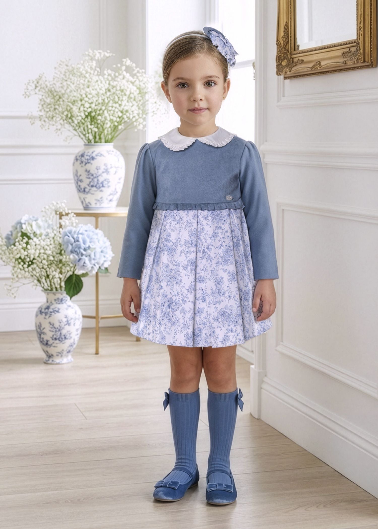 Vestido de Invierno para Niña Azul Empolvado Combinado con Falda Floral - Miranda Ref. 40/0243/V