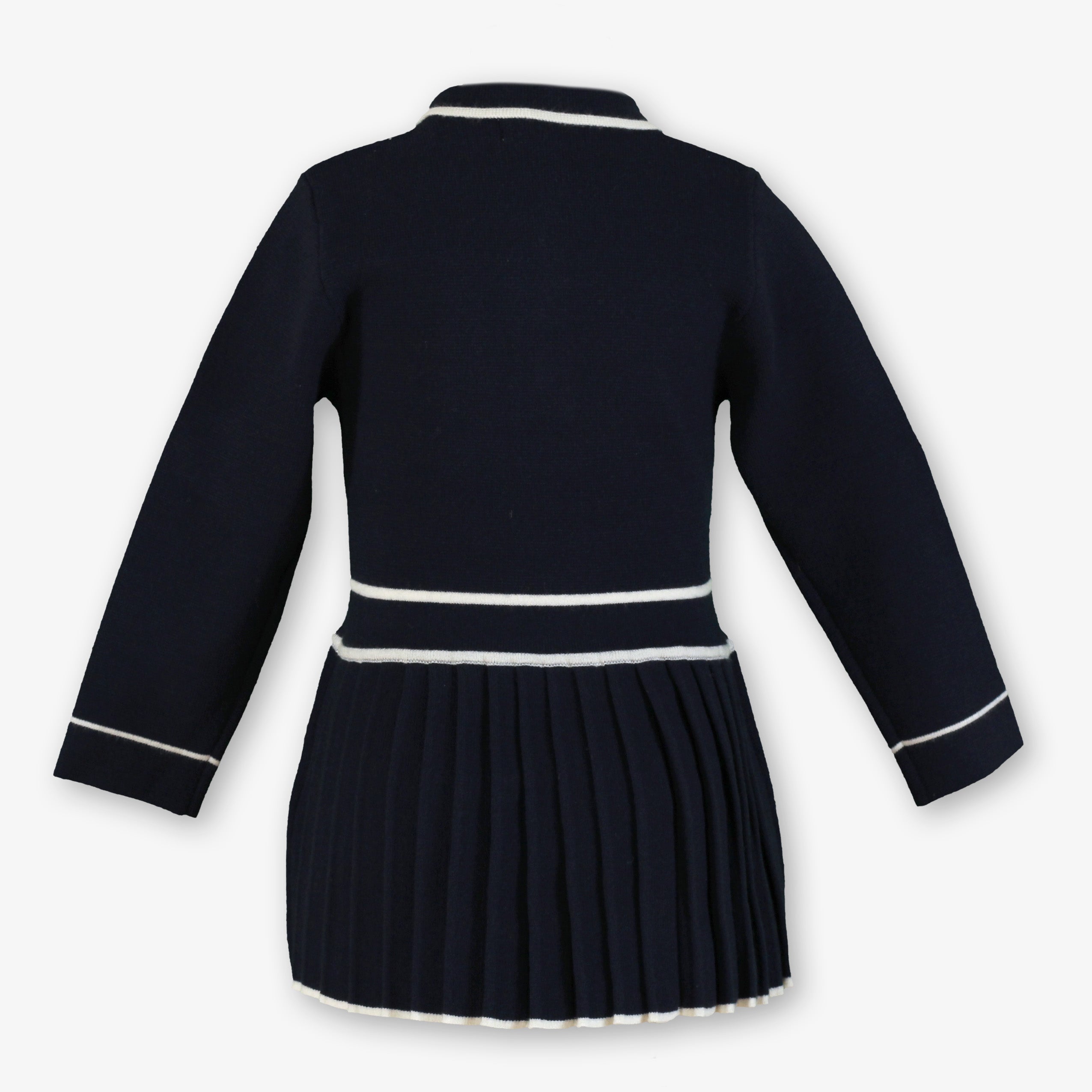 Vista posterior del vestido de punto azul marino con cinturilla blanca para niña marca Miranda